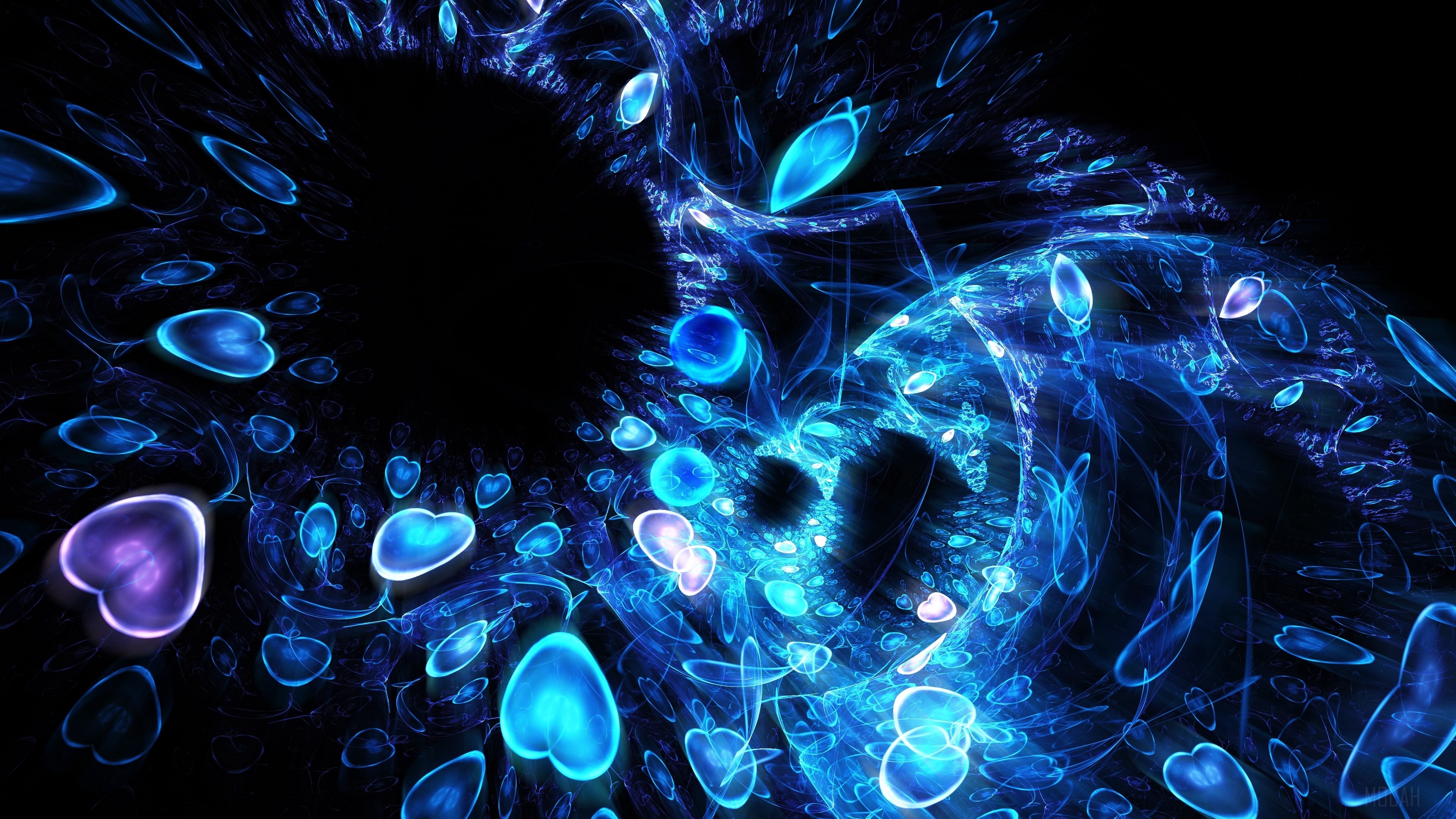 Blue fractal shapes and hearts 4K HD Wallpaper