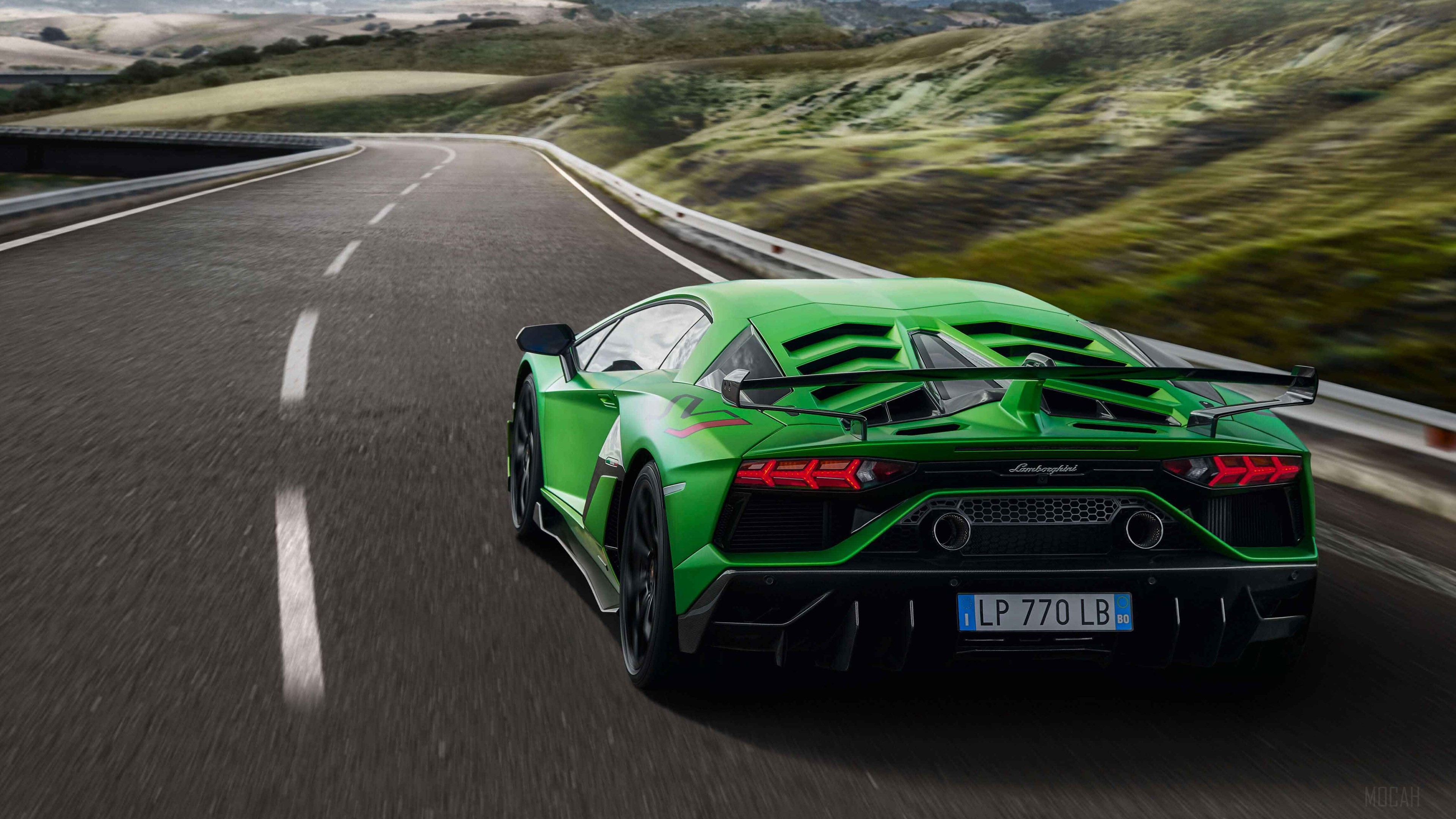 Green Lamborghini Aventador S LP770 LB driving on a road HD Wallpaper