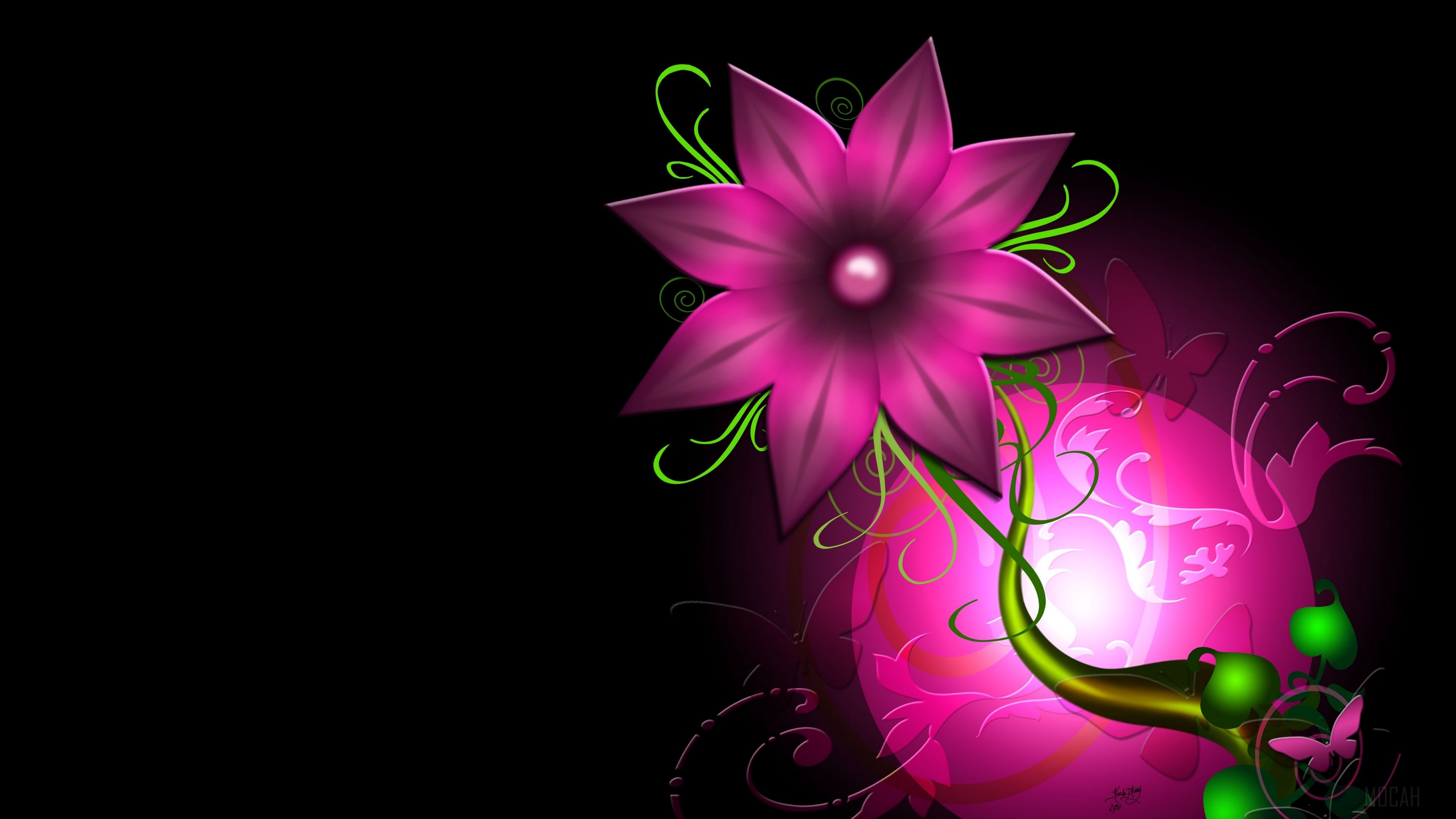 Pink flower with green vines and butterflies 4K HD Wallpaper