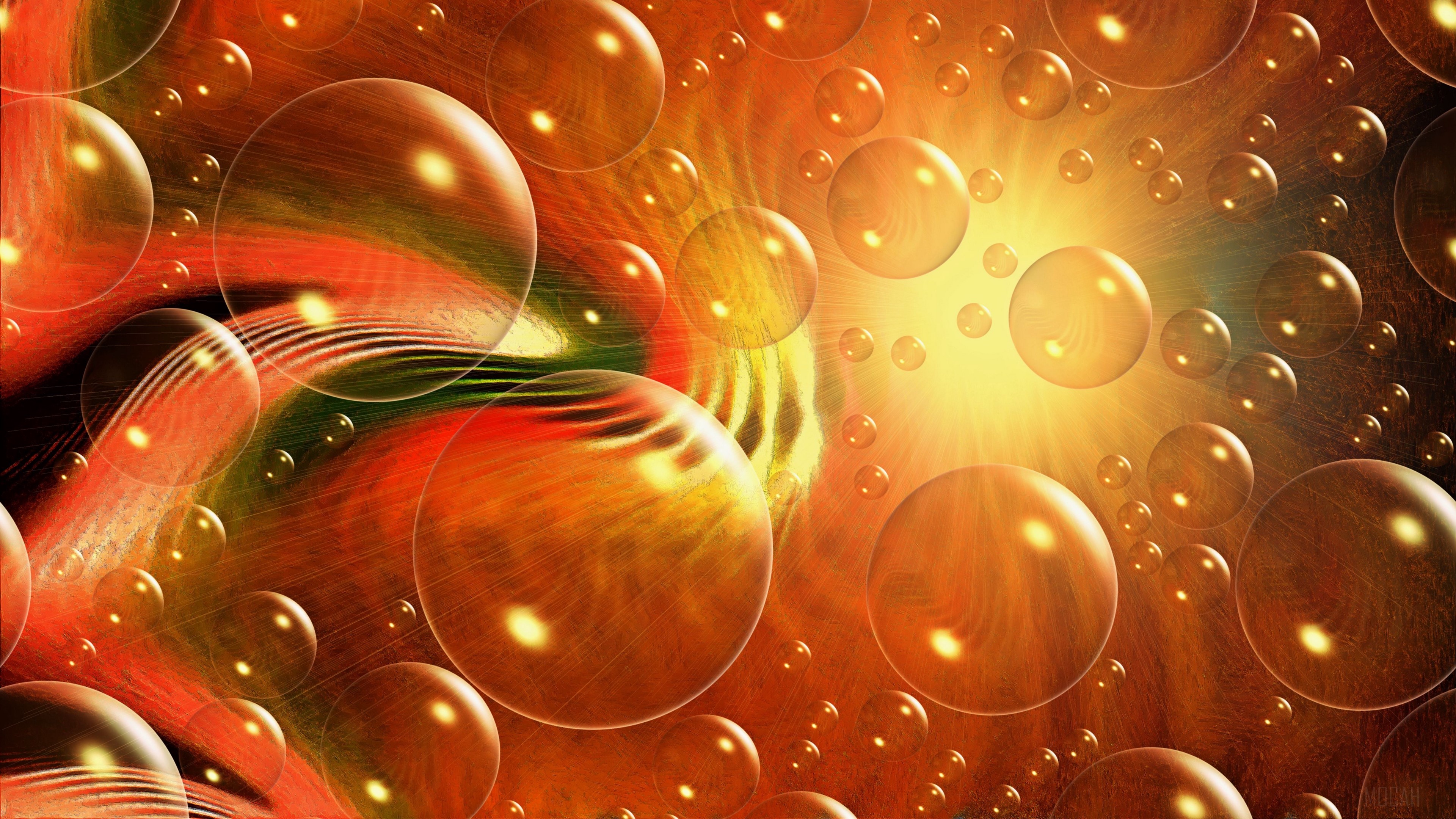 Abstract orange bubbles with light rays 4K HD Wallpaper