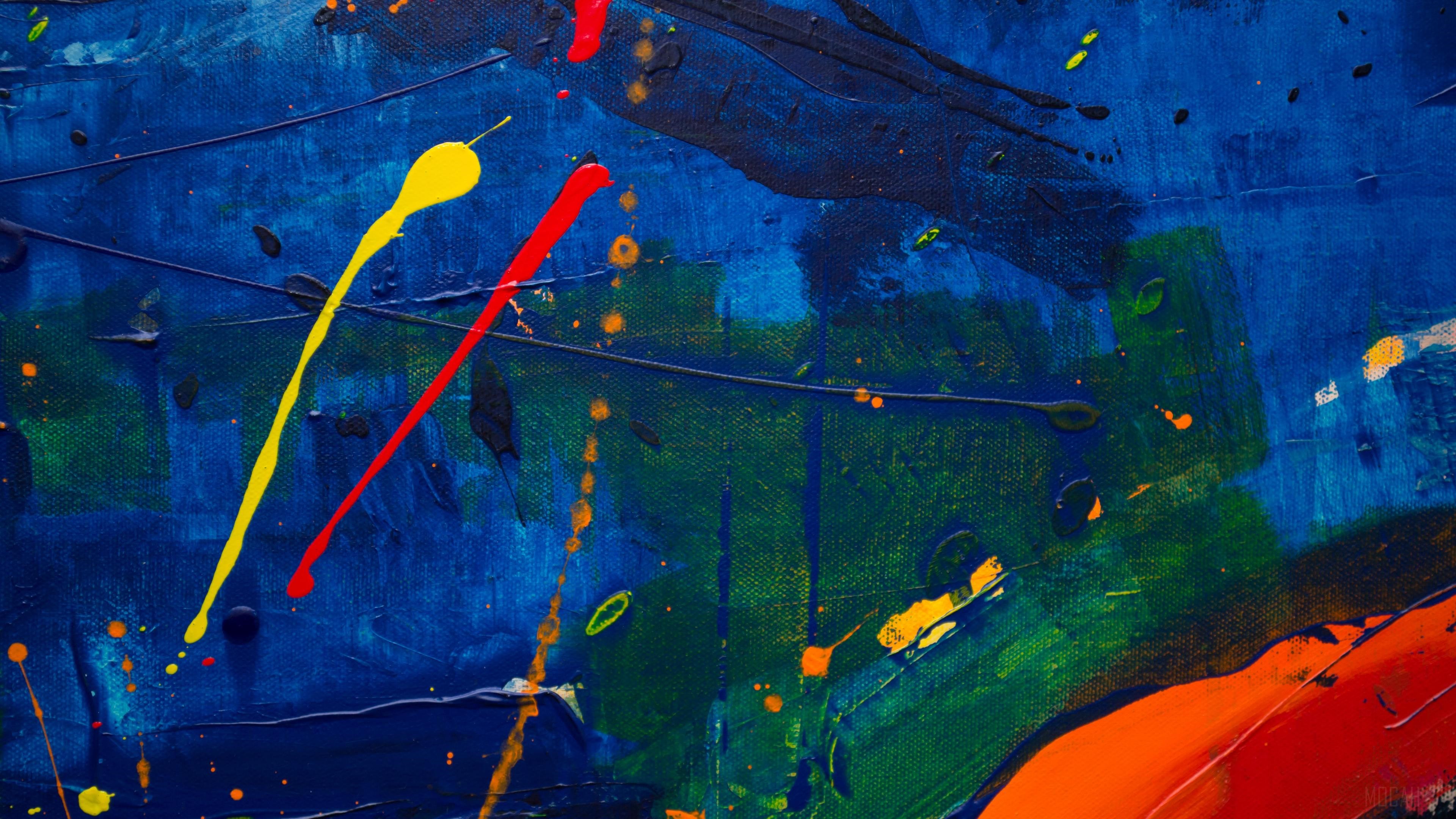 Abstract painting with blue, green, and orange paint splatters HD Wallpaper