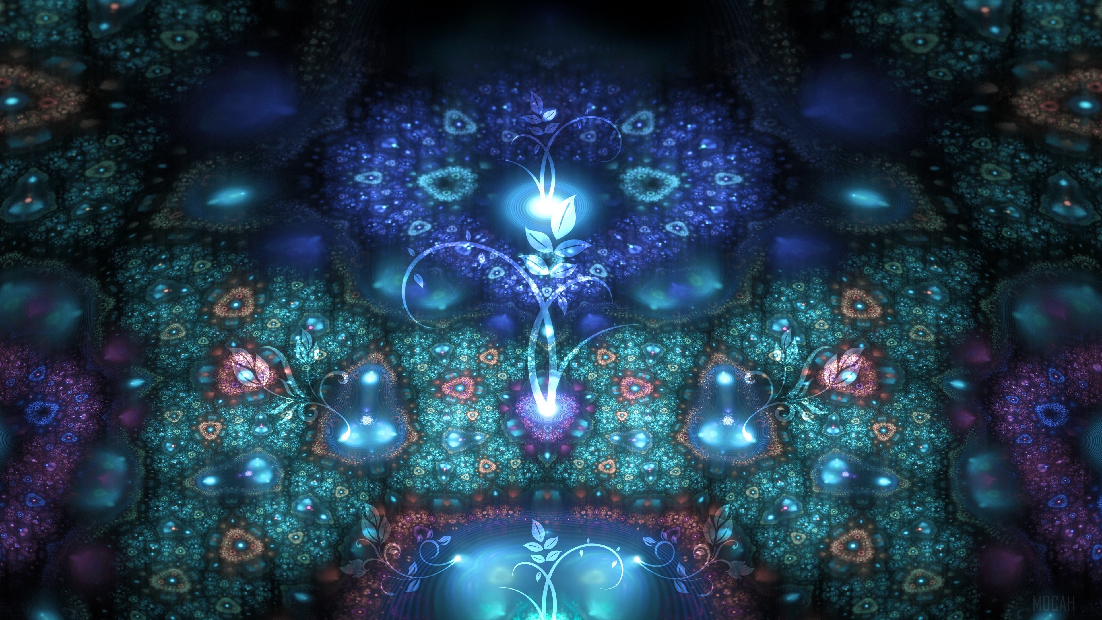 Abstract fractal patterns with glowing floral elements 4K HD Wallpaper