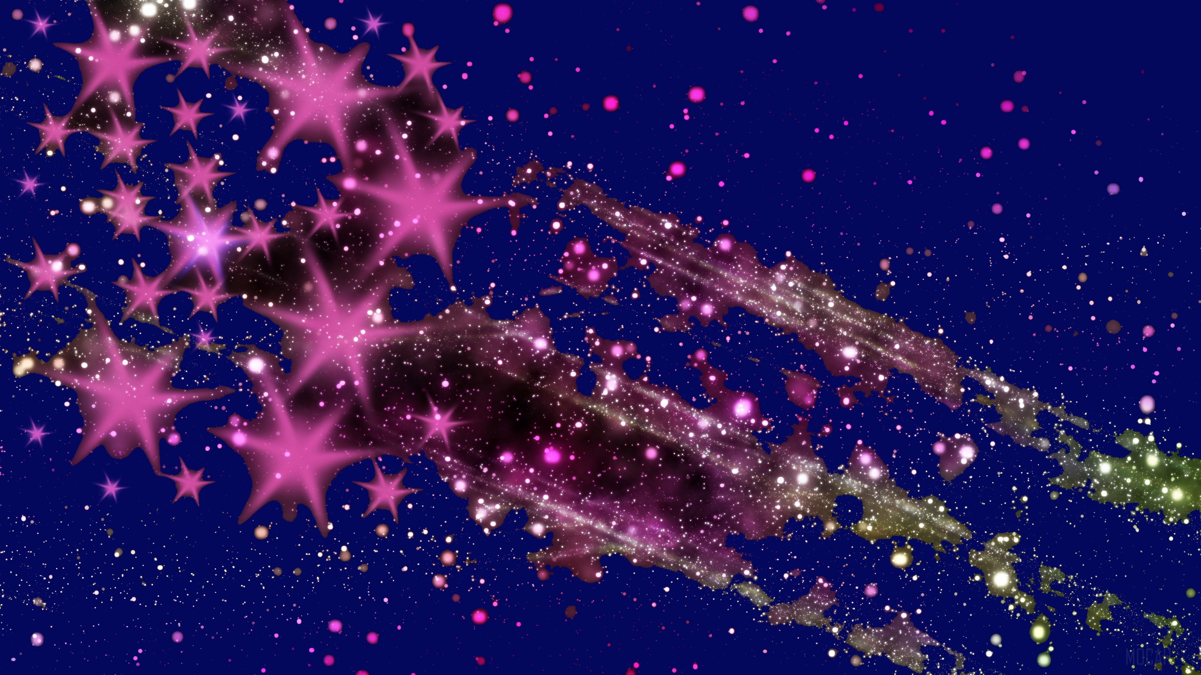 Abstract pink stars and light streaks on dark blue background 4K HD Wallpaper