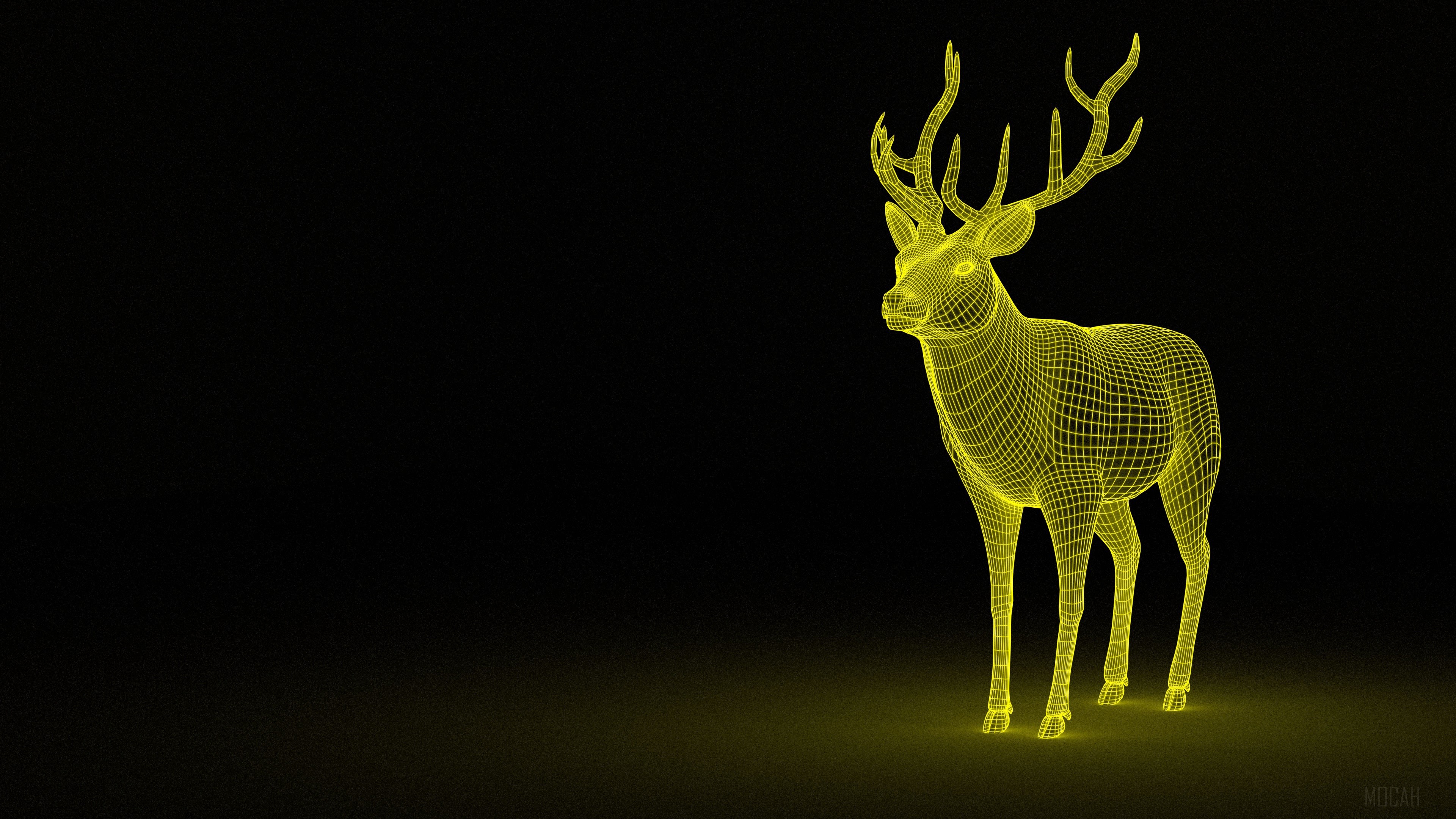 Glowing Yellow Wireframe Deer 4K HD Wallpaper