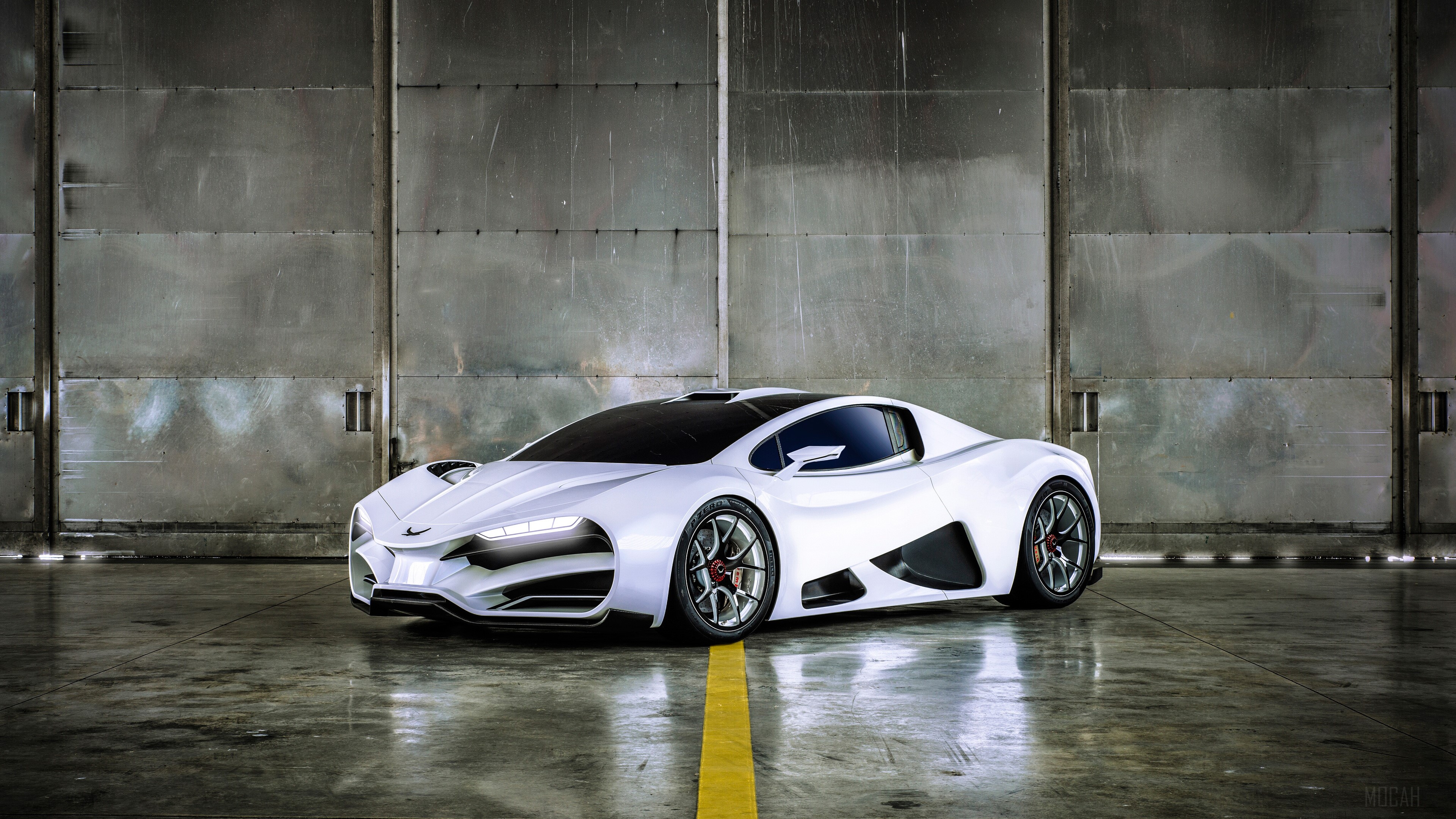 White Aston Martin sports car in a hangar HD Wallpaper