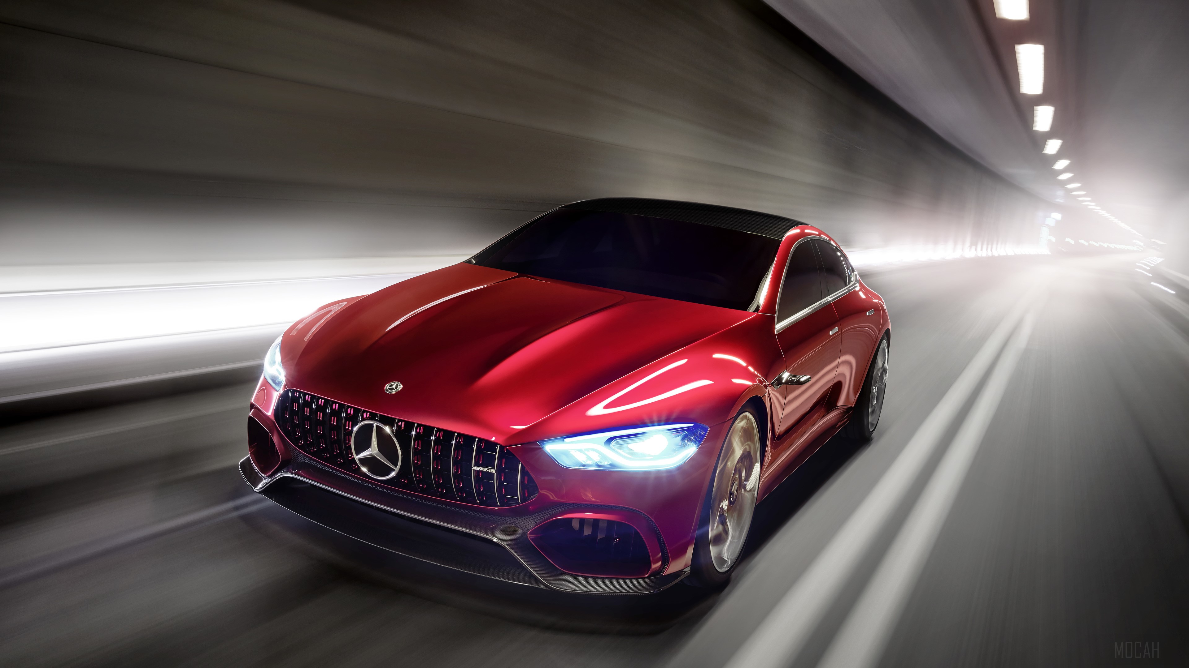 Red Mercedes AMG GT driving in a tunnel HD Wallpaper