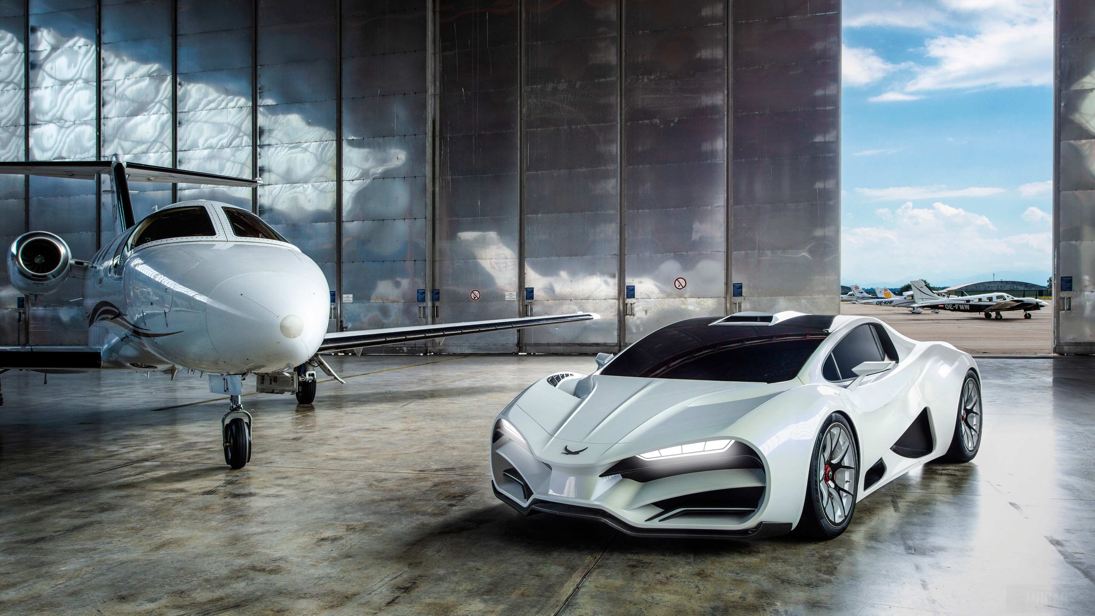 White futuristic car and private jet in hangar HD Wallpaper