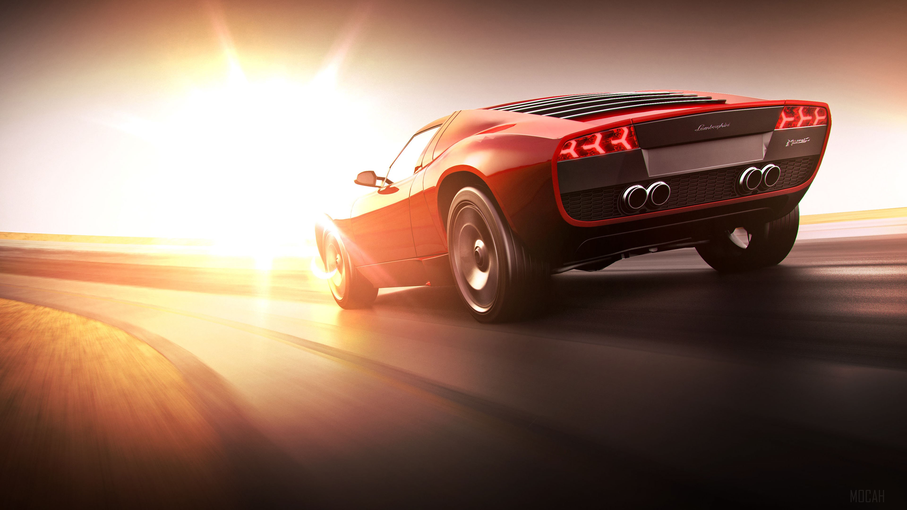 Red Lamborghini Miura driving at sunset HD Wallpaper