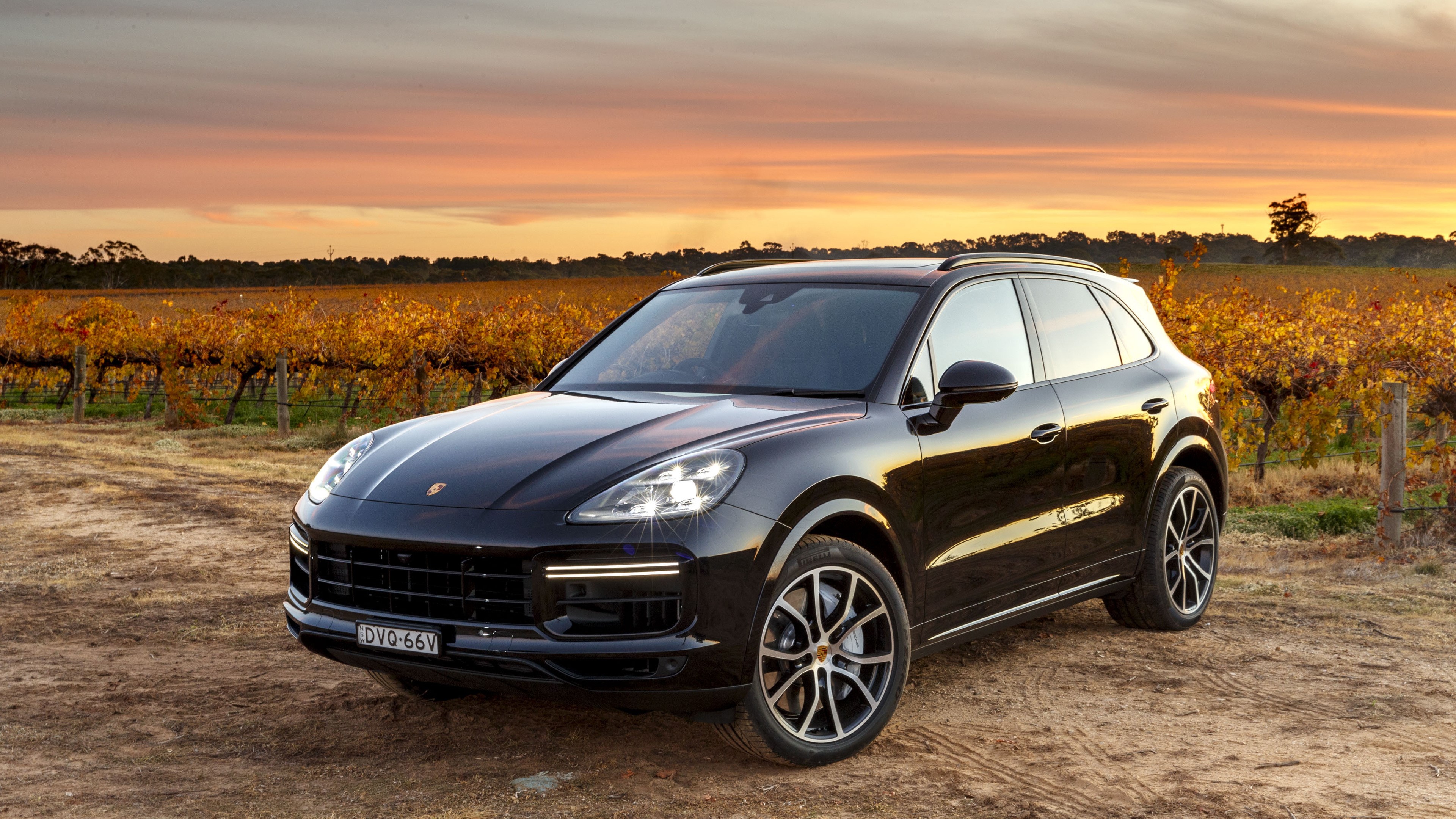 Black Porsche Cayenne Turbo SUV in Vineyard at Sunset HD Wallpaper