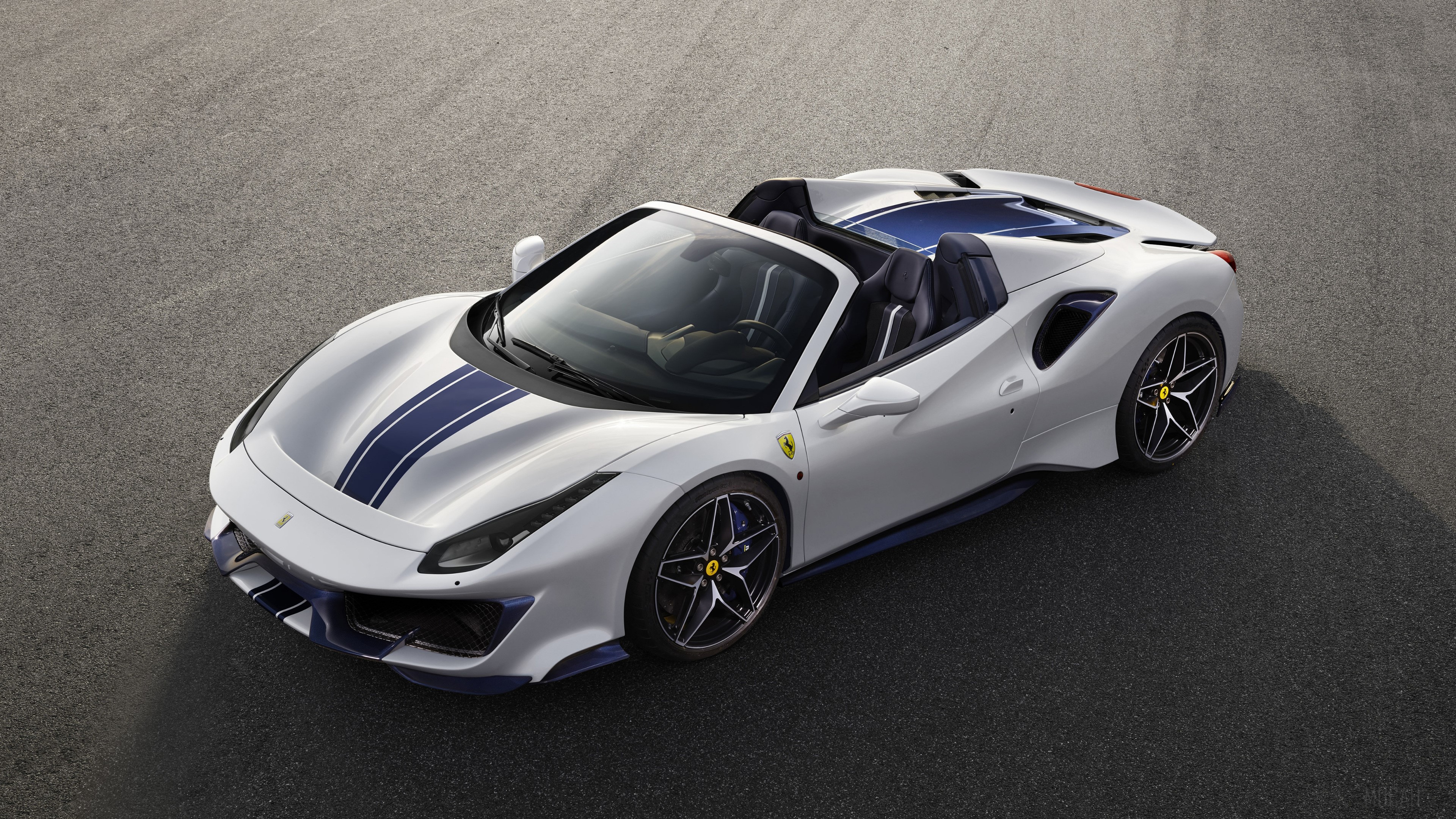 White 2018 Ferrari 488 Pista Spider with blue stripes HD Wallpaper