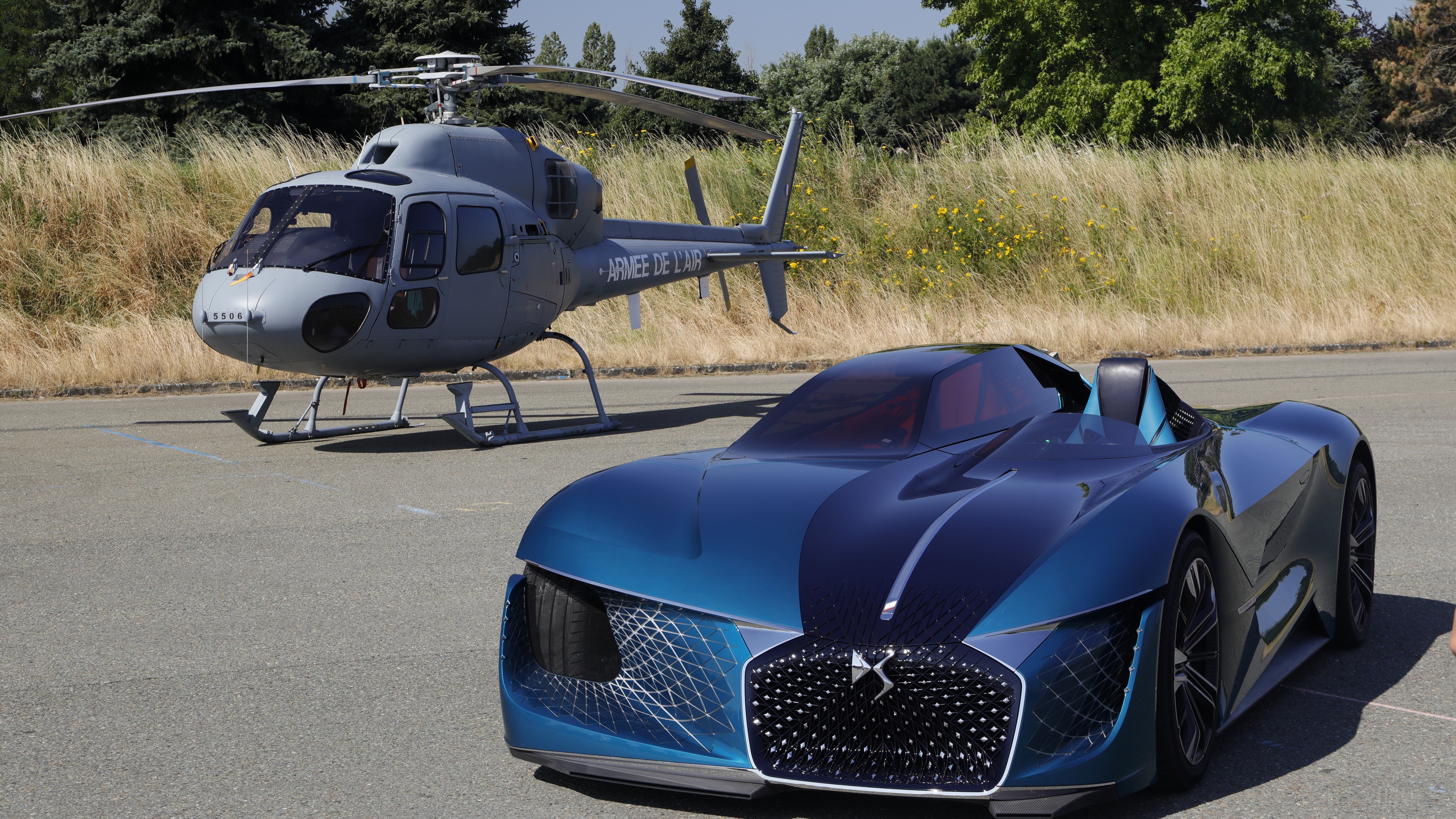 DS X E Tense concept car and helicopter HD Wallpaper