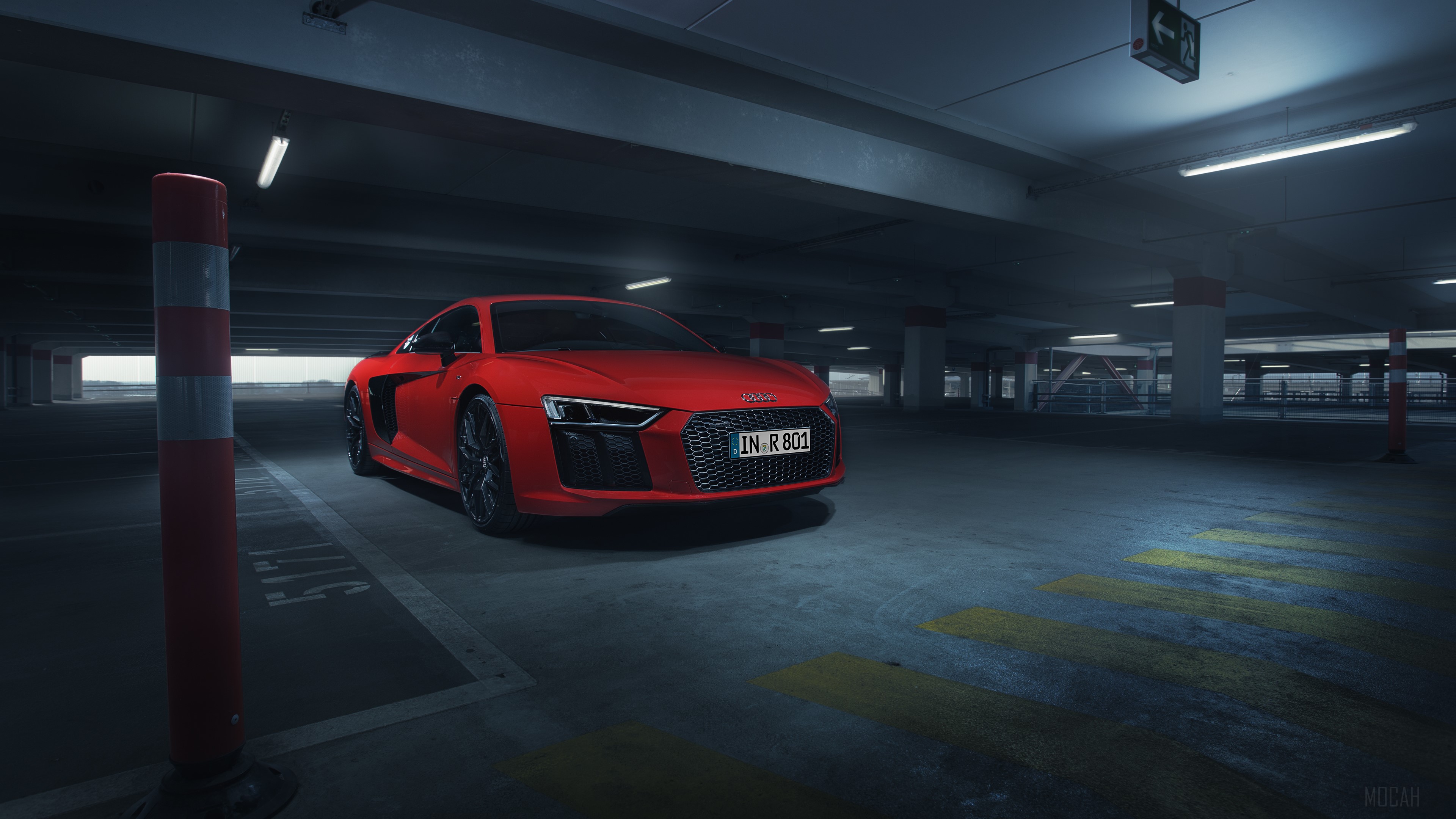 Red Audi R8 V10 Plus in parking garage 4K HD Wallpaper