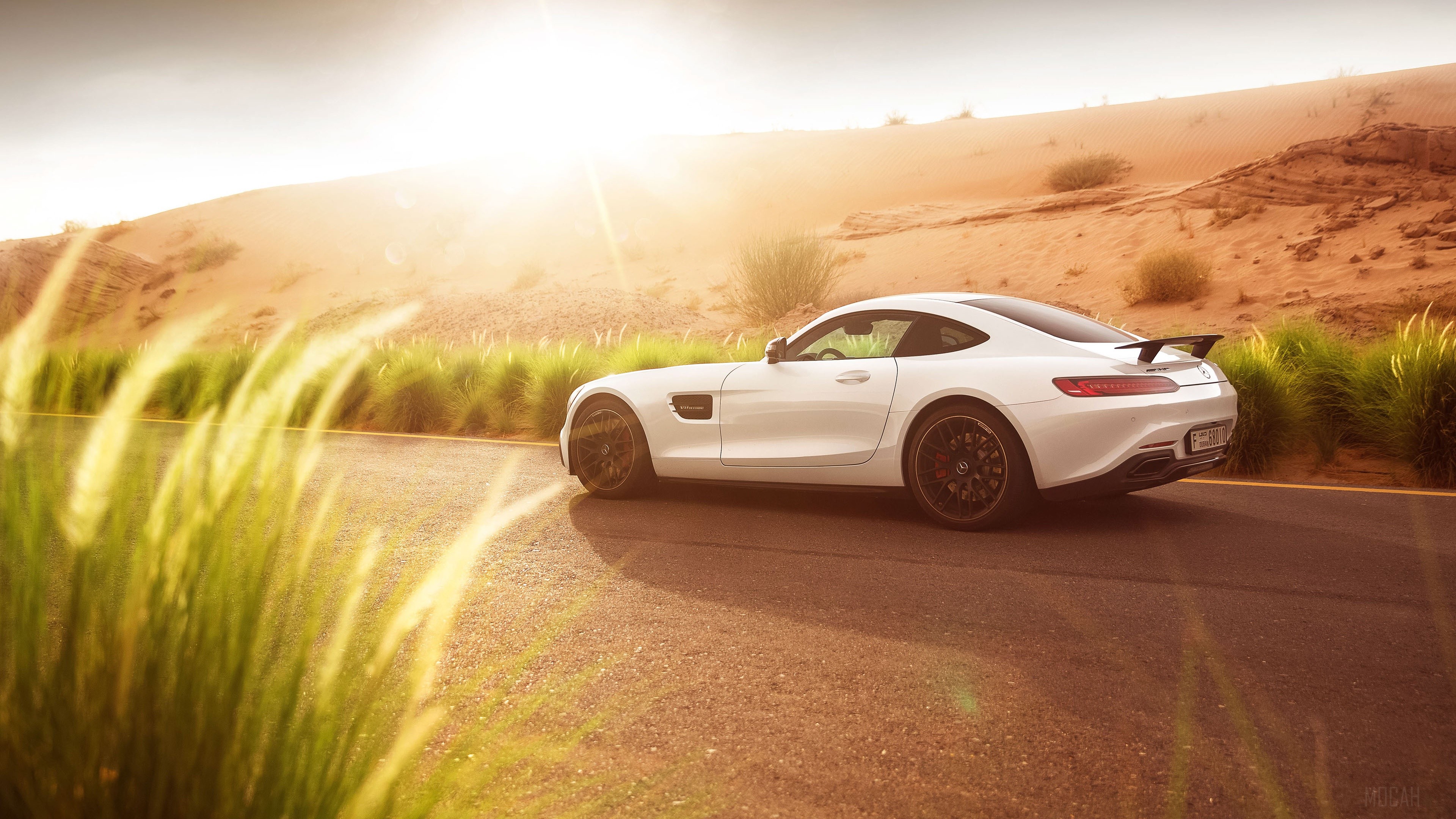 White Mercedes AMG GT S Supercar in Desert HD Wallpaper