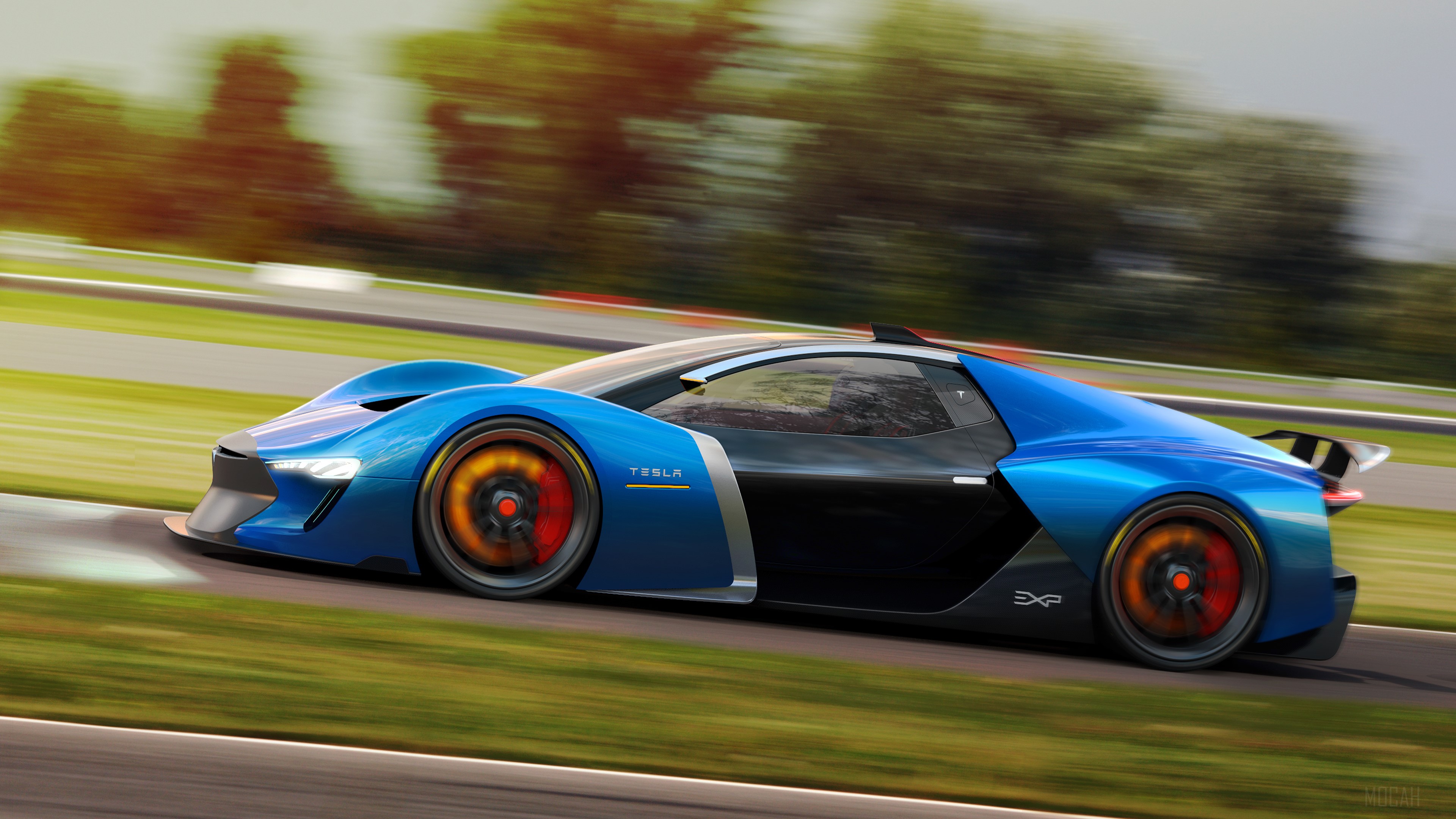 Tesla Model EXP concept car on a racetrack HD Wallpaper