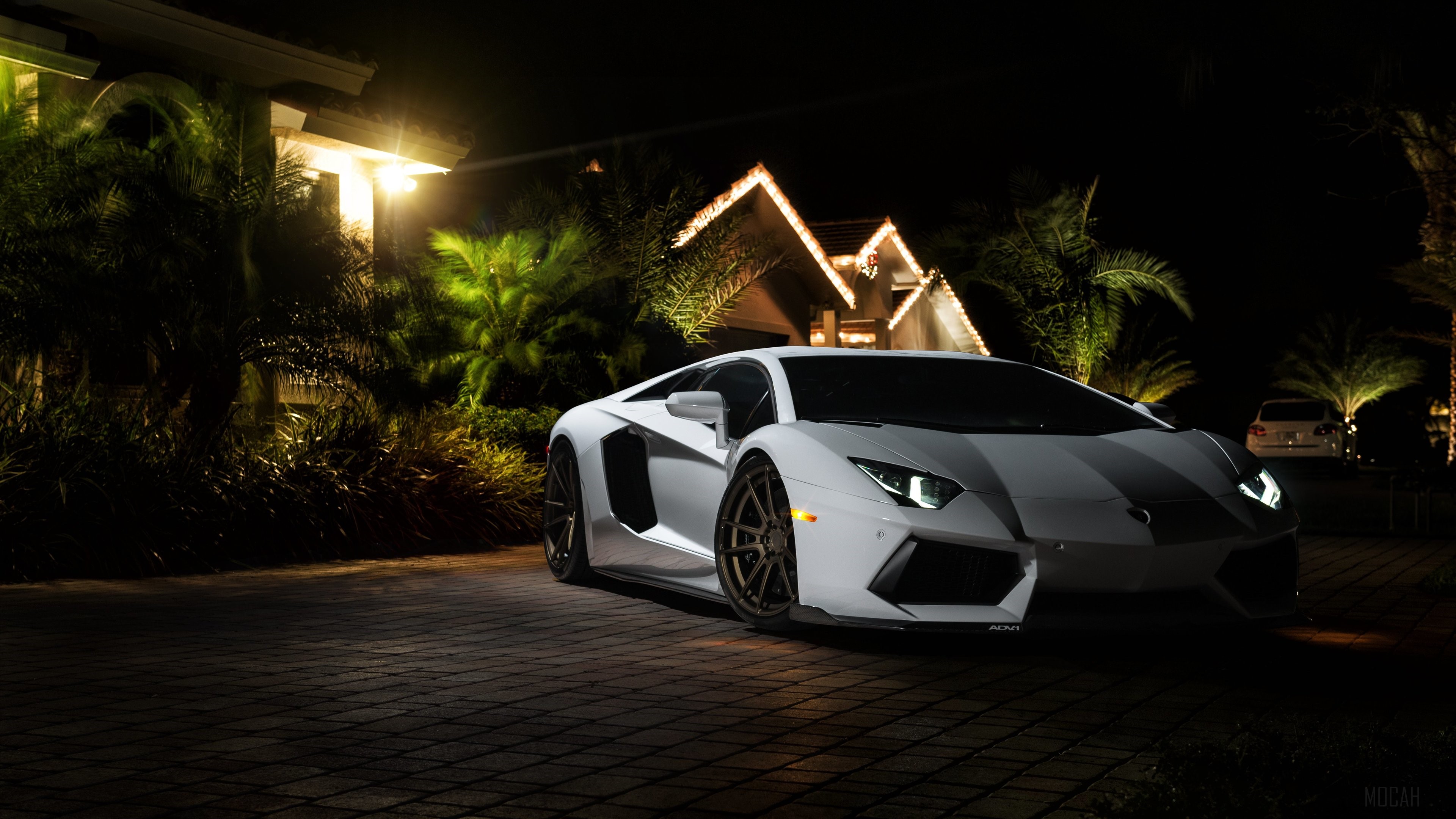 White Lamborghini Aventador parked at night HD Wallpaper