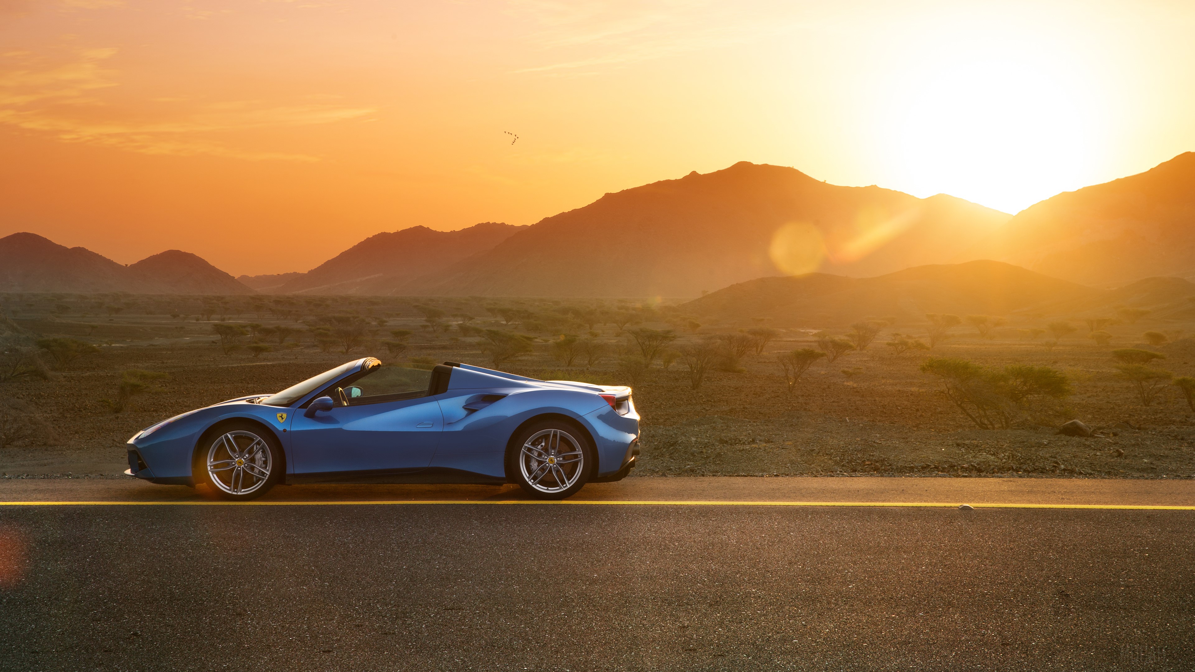 Blue Ferrari 488 Spyder convertible on a road at sunset HD Wallpaper