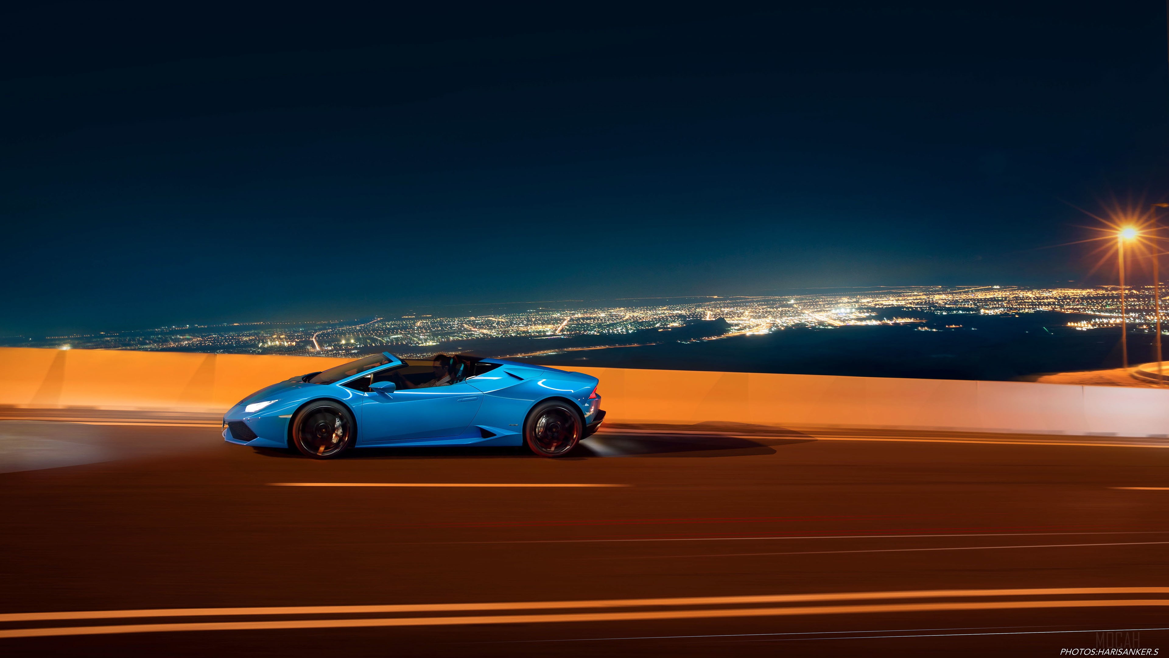 Blue Lamborghini Huracan LP 610-4 Spyder 2018 driving at night HD Wallpaper