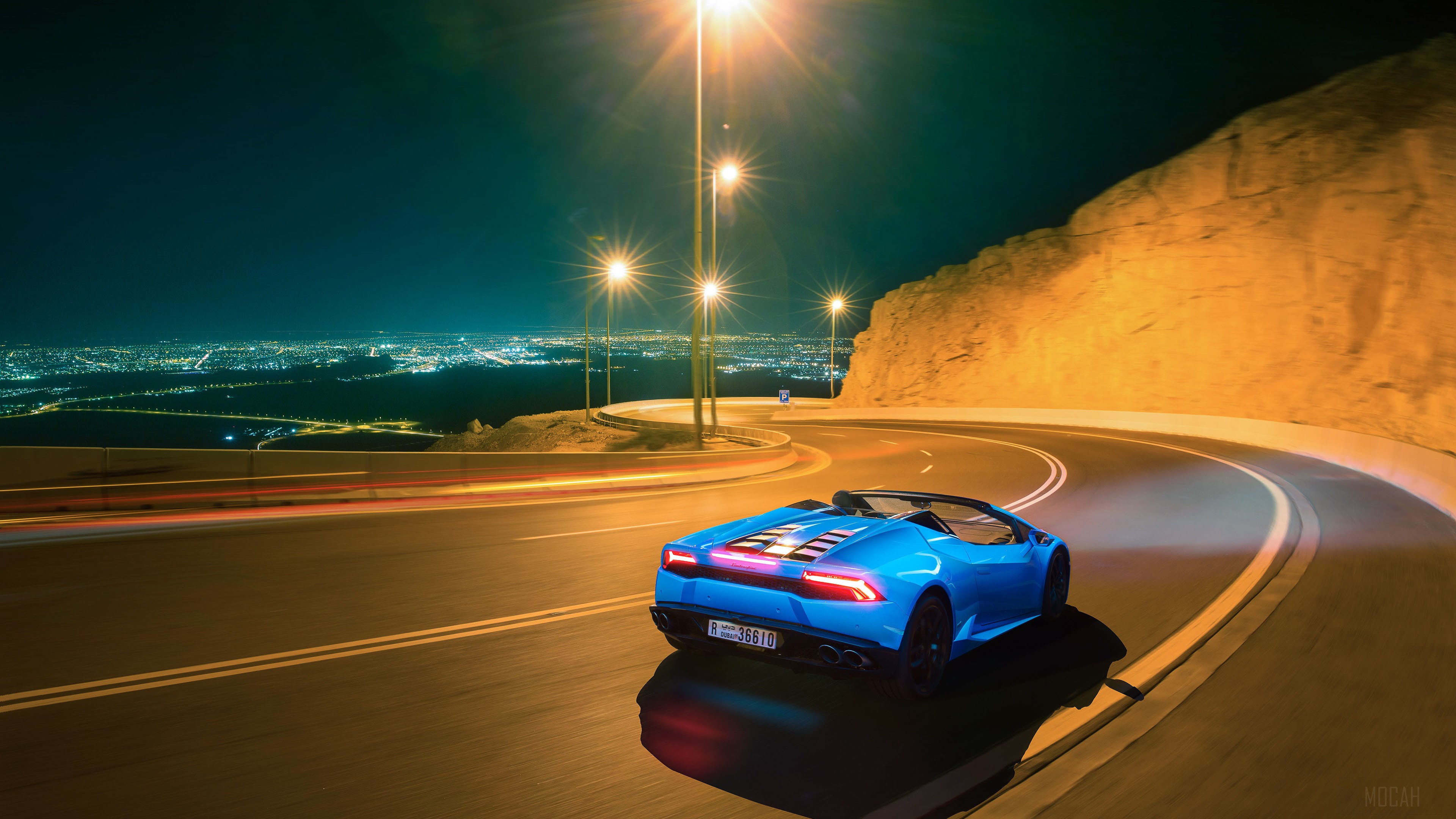Blue Lamborghini Huracan Spyder on Mountain Road at Night 4K HD Wallpaper