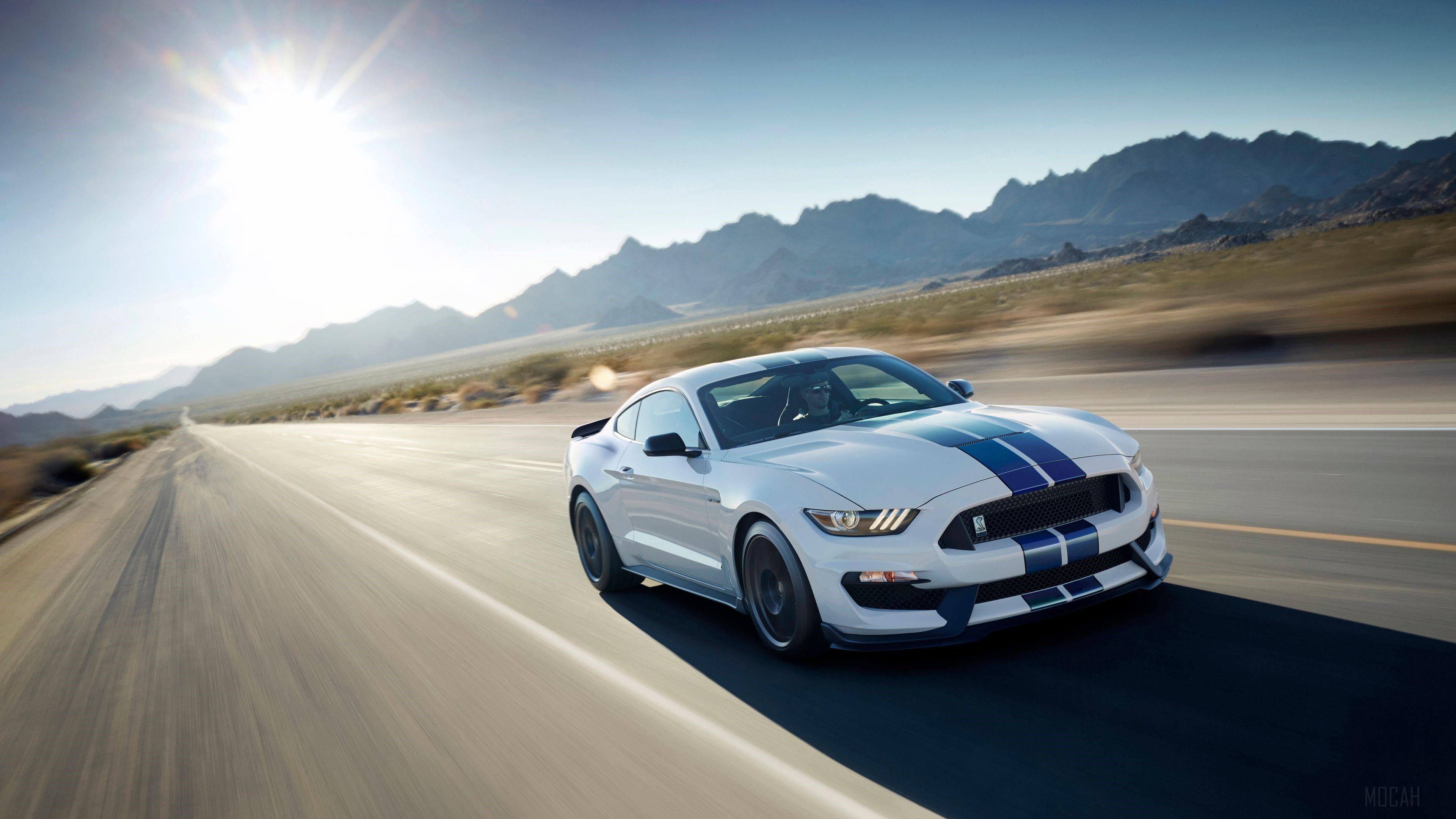 White Ford Mustang GT with Blue Stripes on Desert Road 4K HD Wallpaper