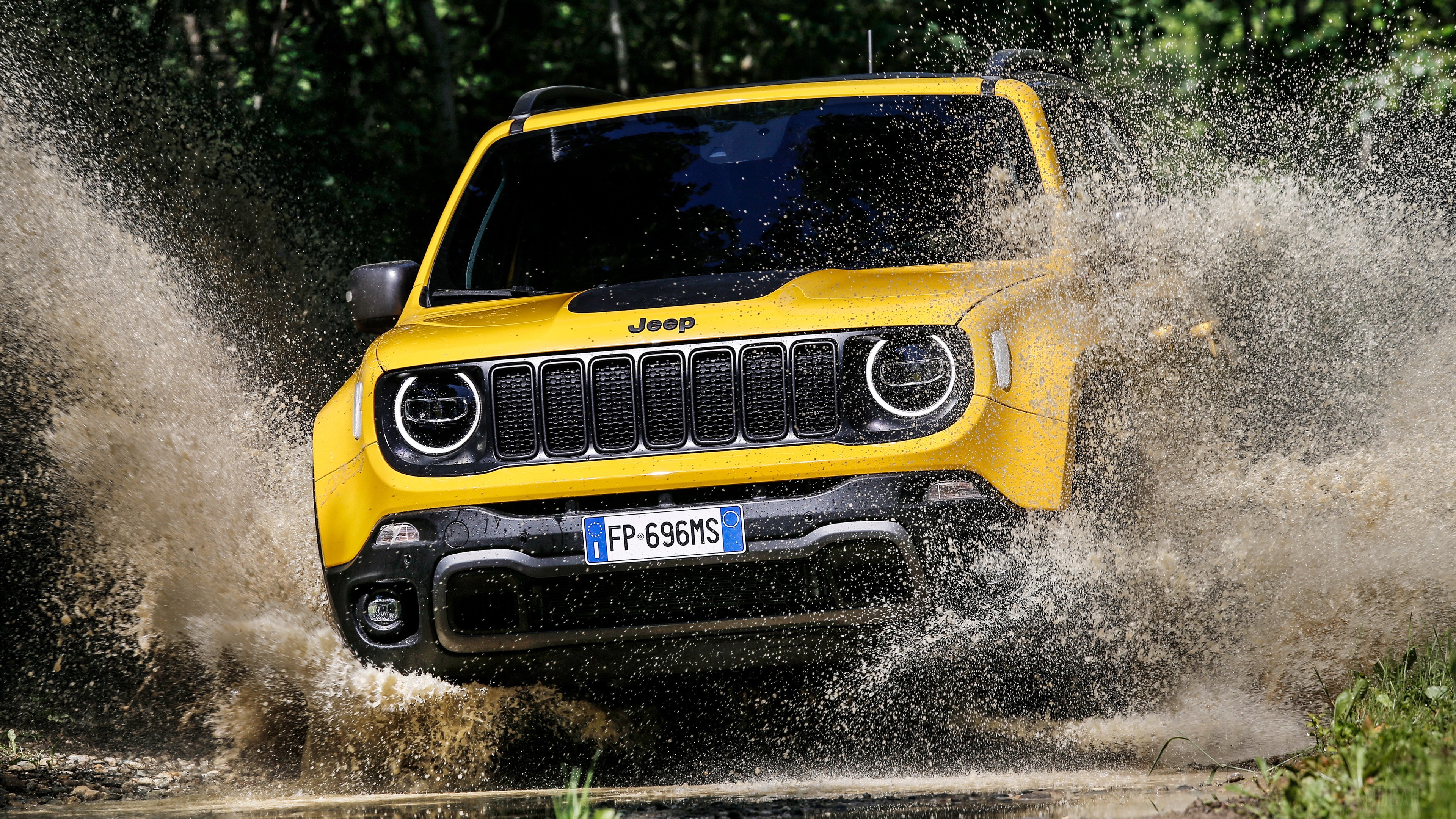 Yellow Jeep Renegade Trailhawk driving through water 4K HD Wallpaper