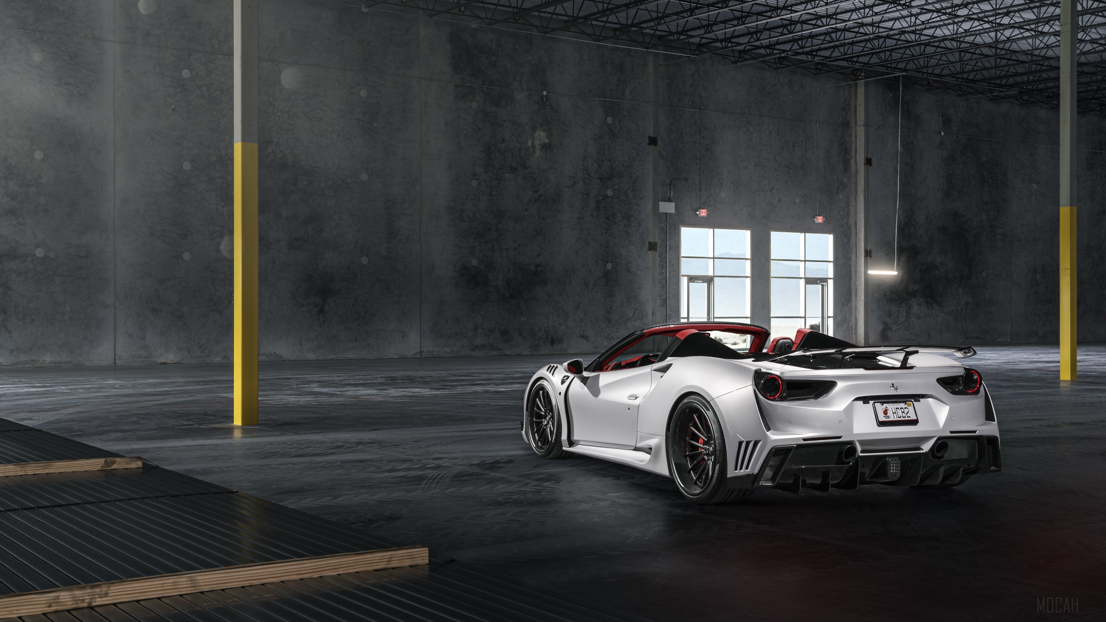 White Ferrari 488 Spider in Warehouse 4K HD Wallpaper
