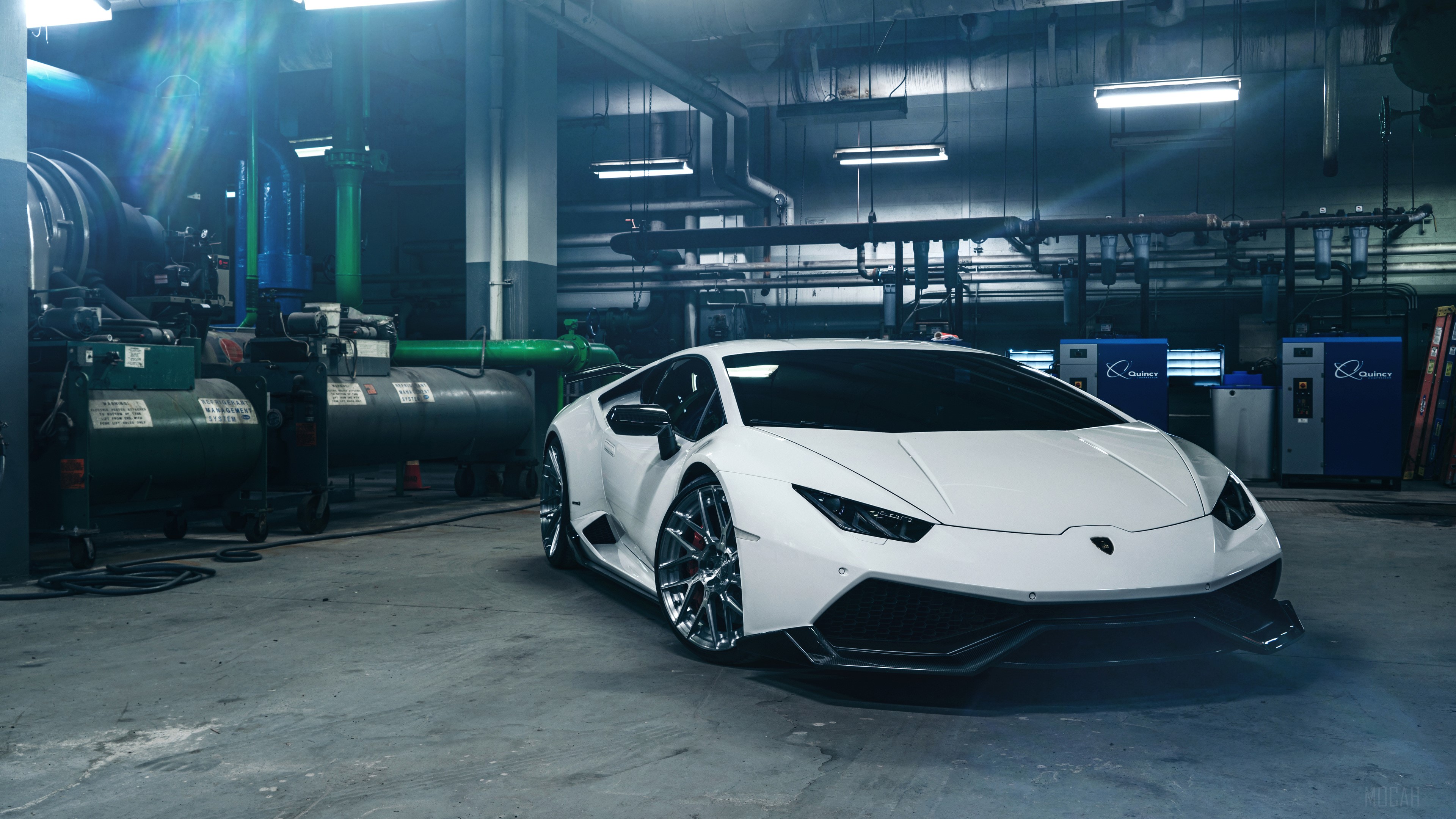 White Lamborghini Huracan in a garage HD Wallpaper