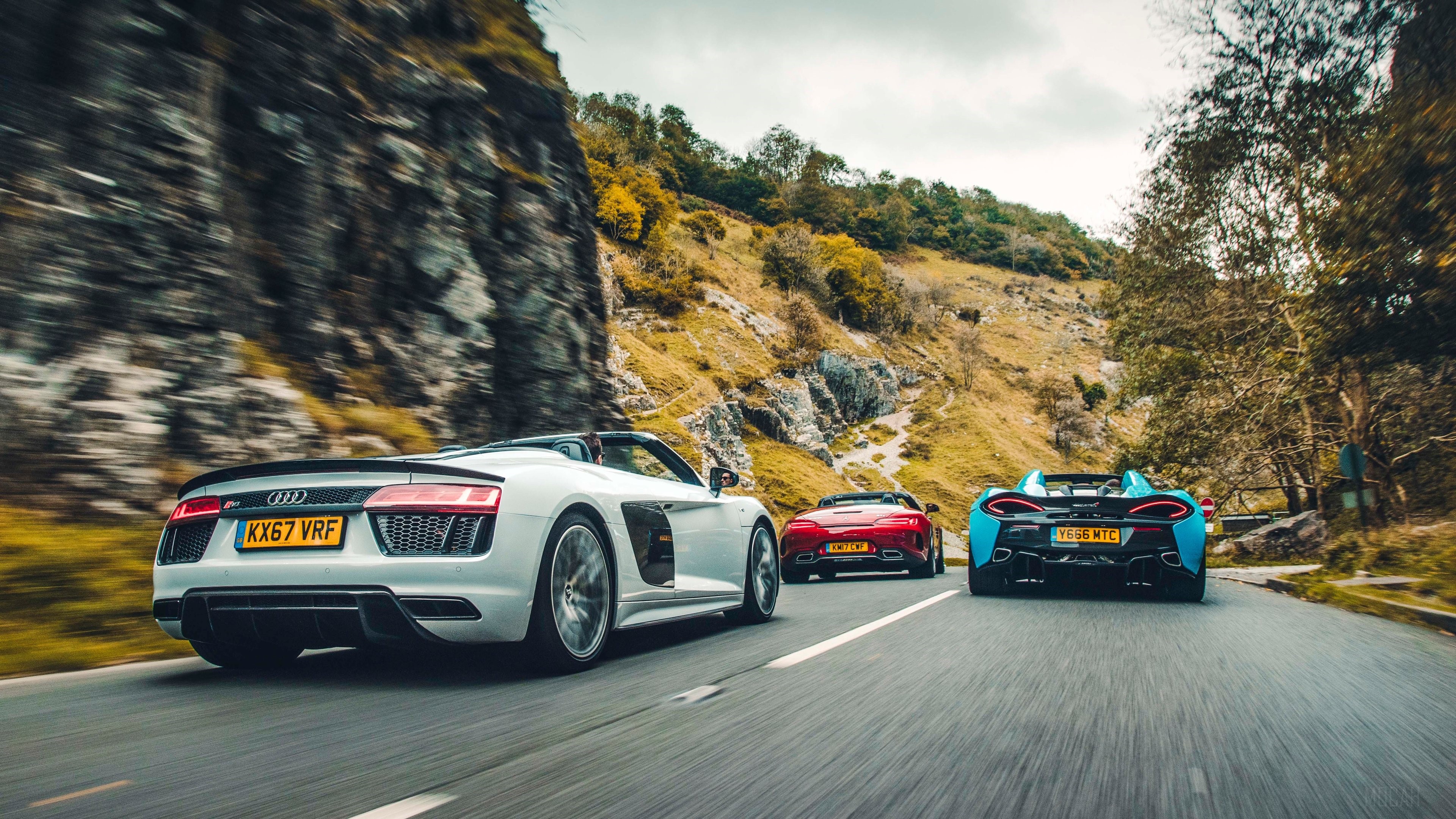 Audi R8 V10 Plus Spyder, McLaren 570S Spider, Mercedes AMG GT C Roadster HD Wallpaper