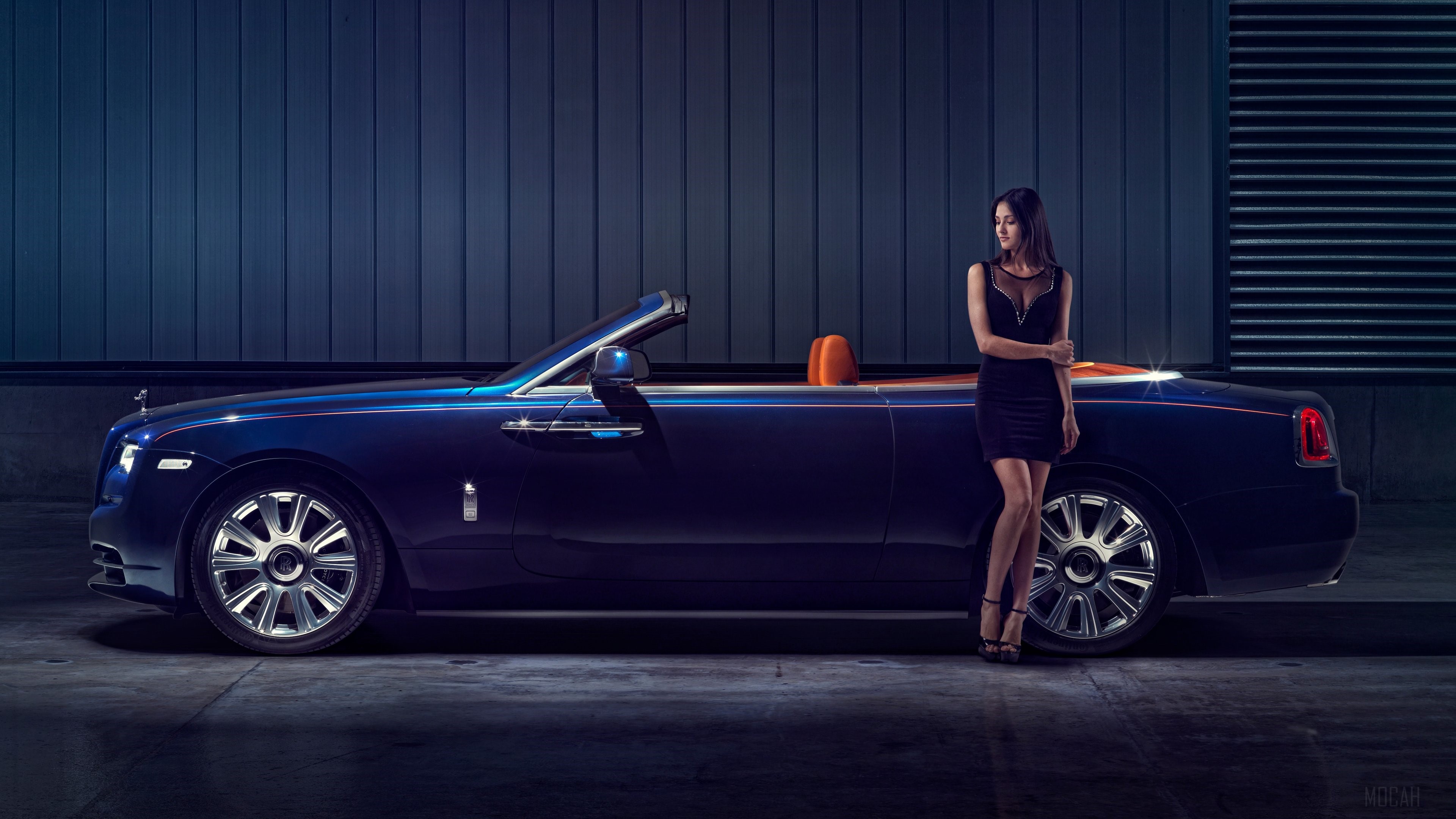 Woman posing with a blue Rolls Royce Dawn 4K HD Wallpaper