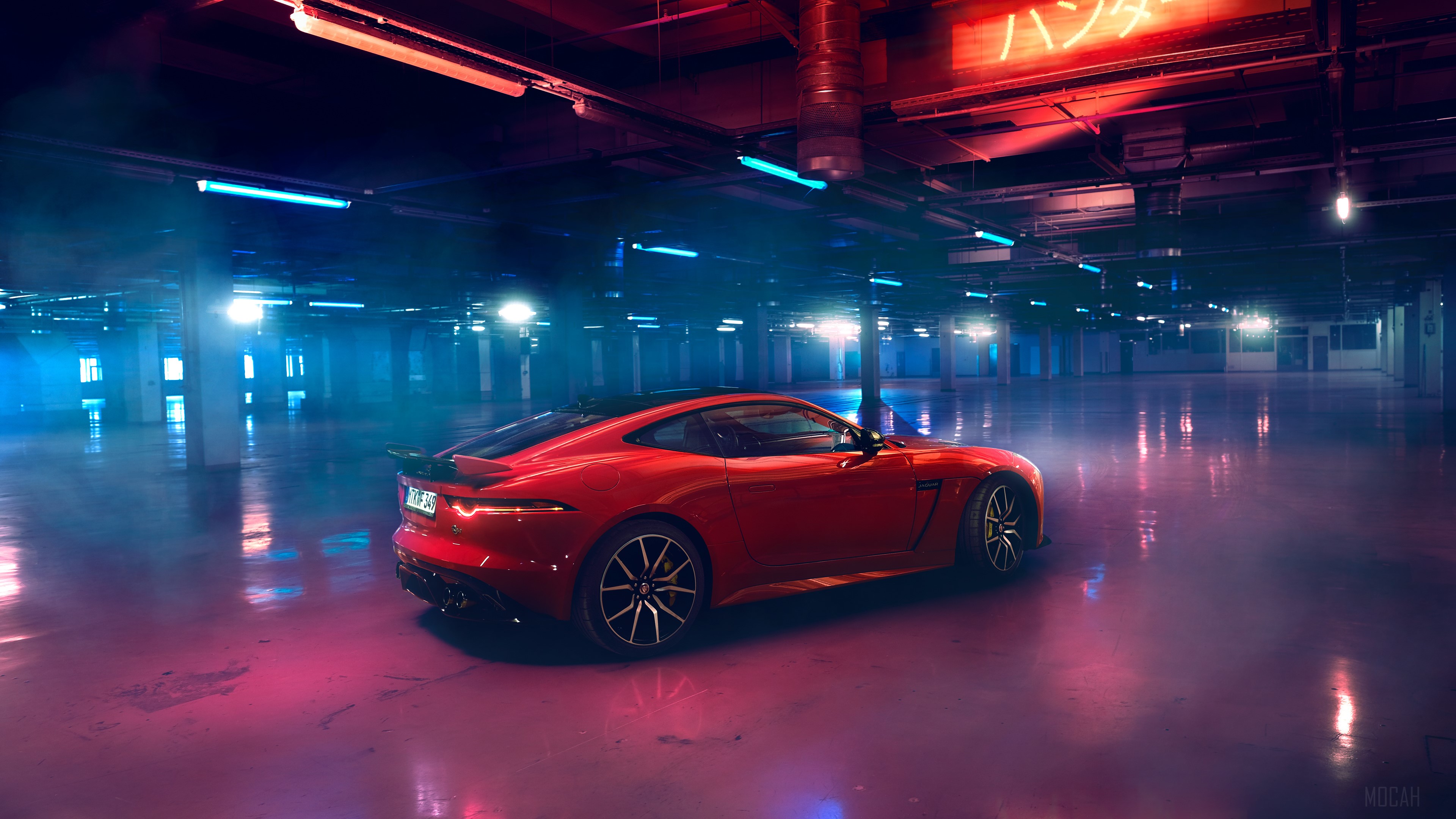 Red Jaguar F-Type 2018 in a dimly lit garage HD Wallpaper