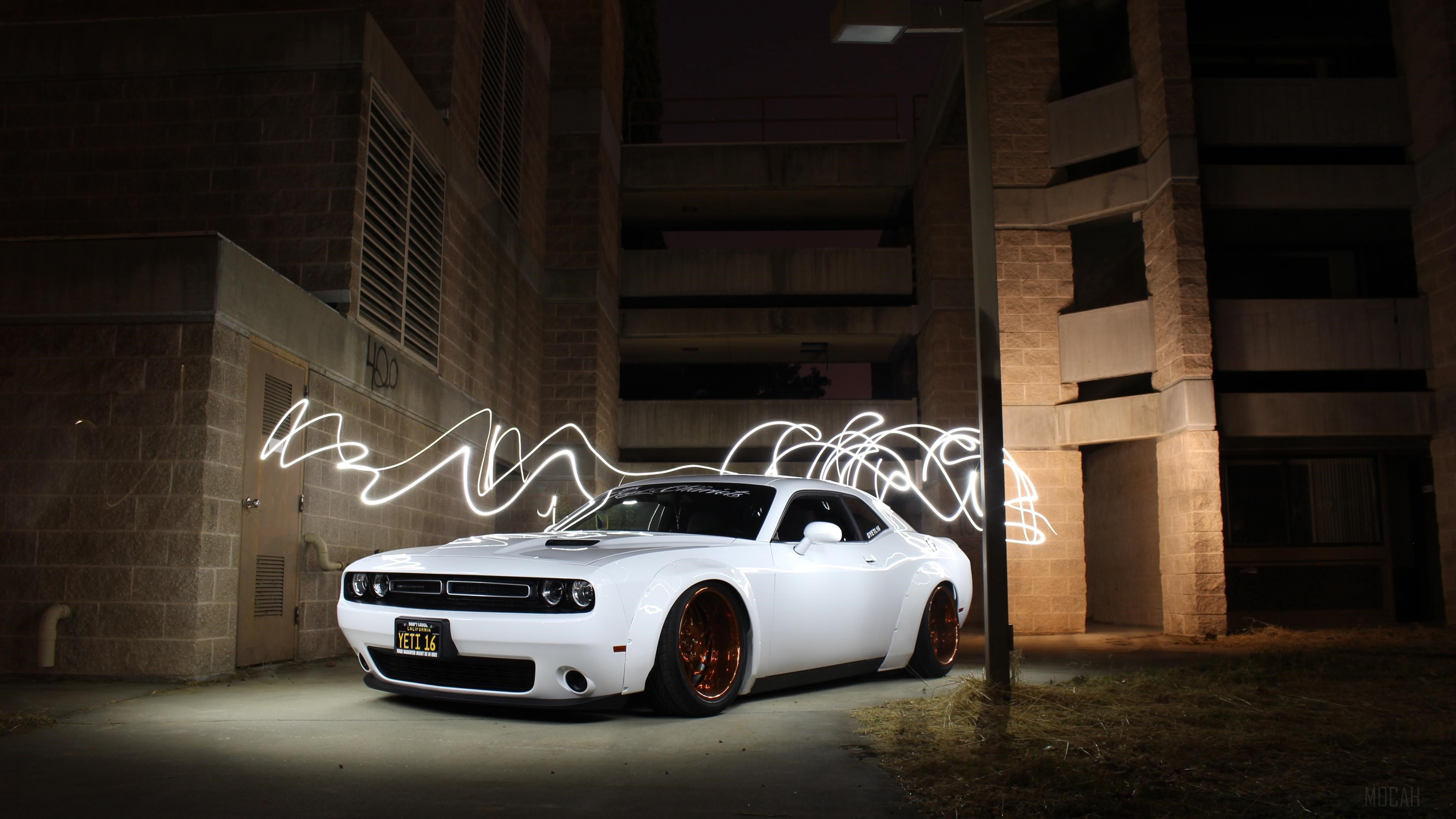 White Dodge Challenger with Light Painting 4K HD Wallpaper