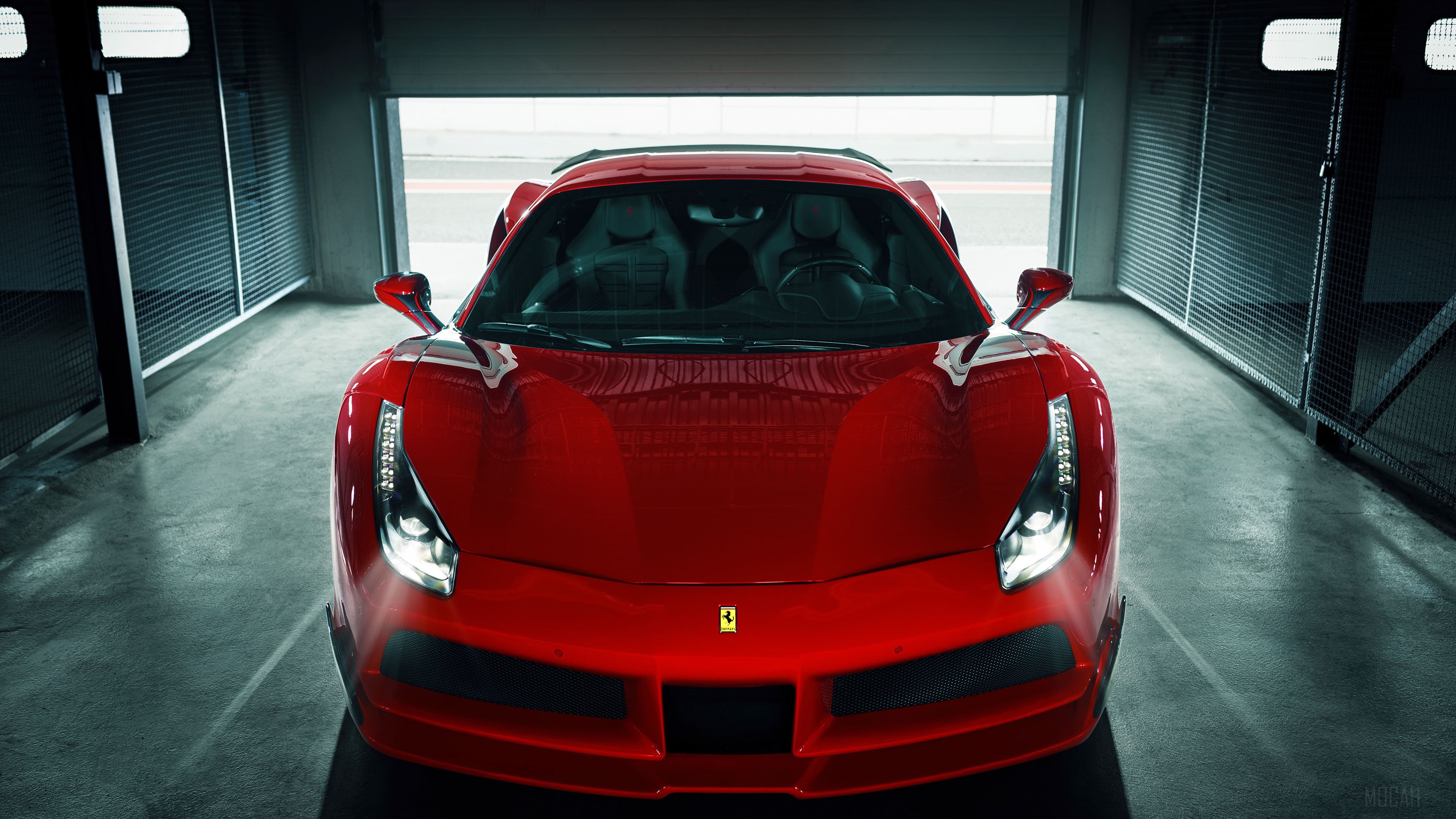 Red Ferrari 488 GTB parked in garage HD Wallpaper