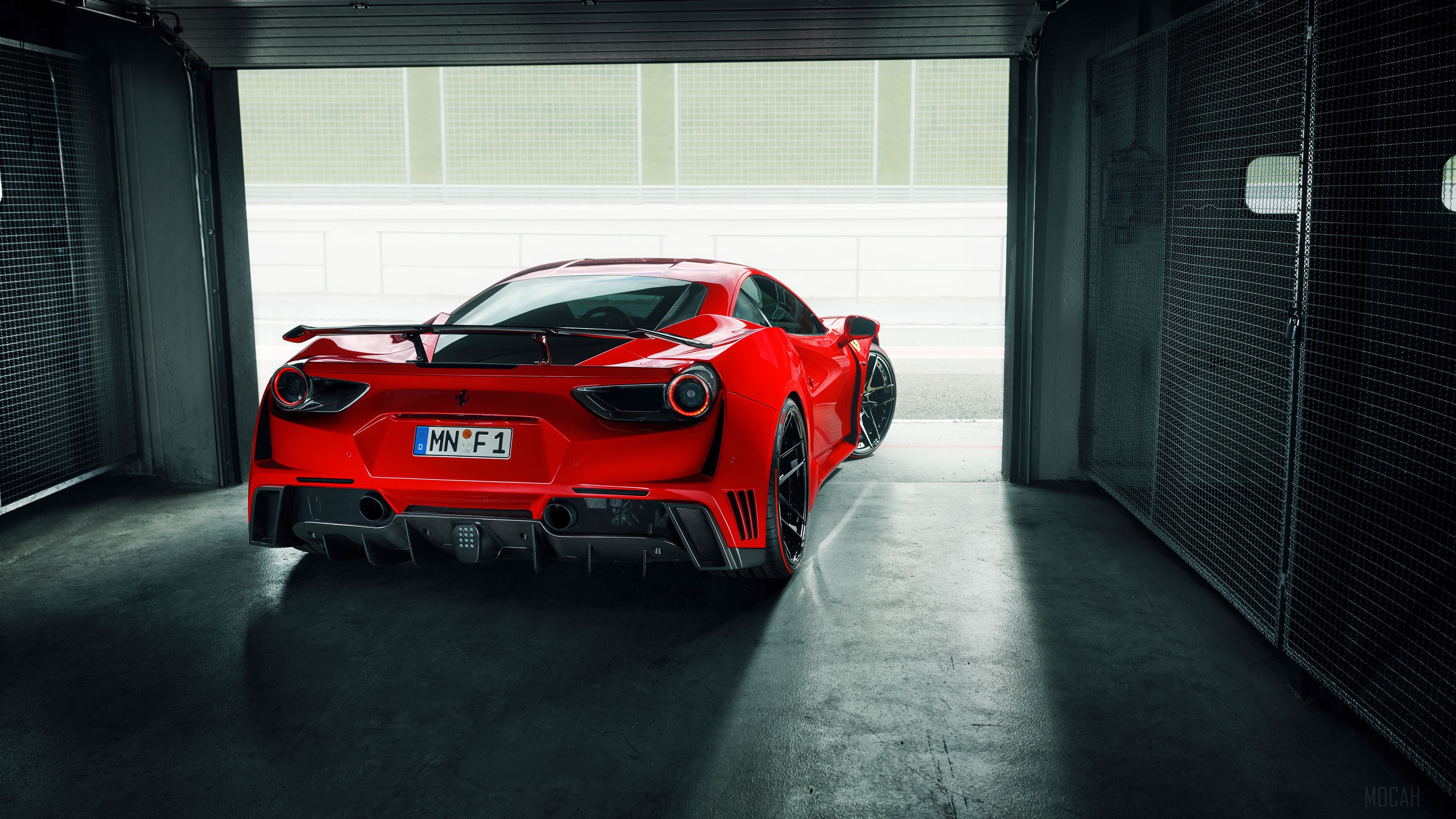 Red Ferrari 488 GTB in a garage HD Wallpaper