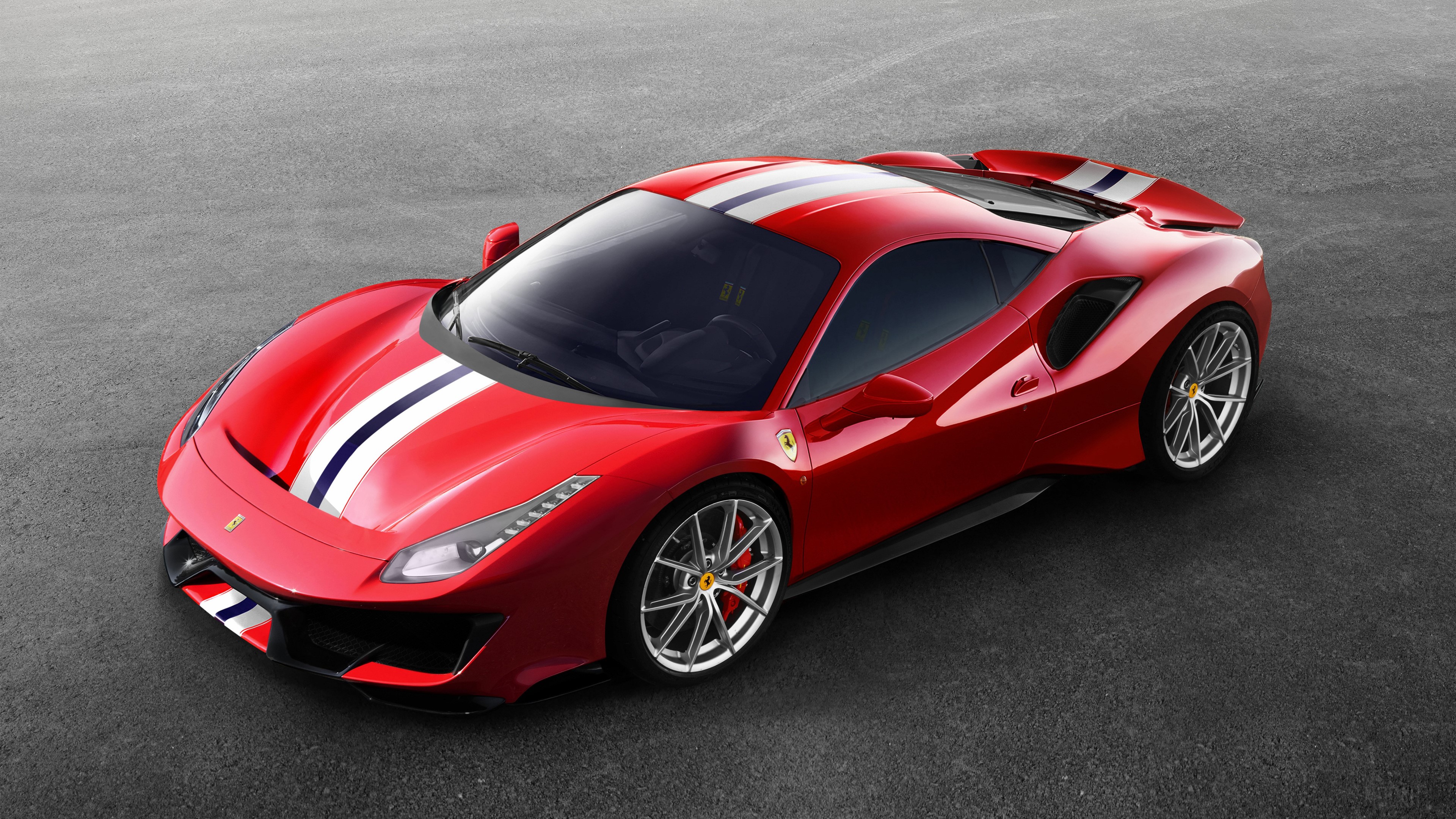 Red Ferrari 488 Pista 2018 with racing stripes HD Wallpaper