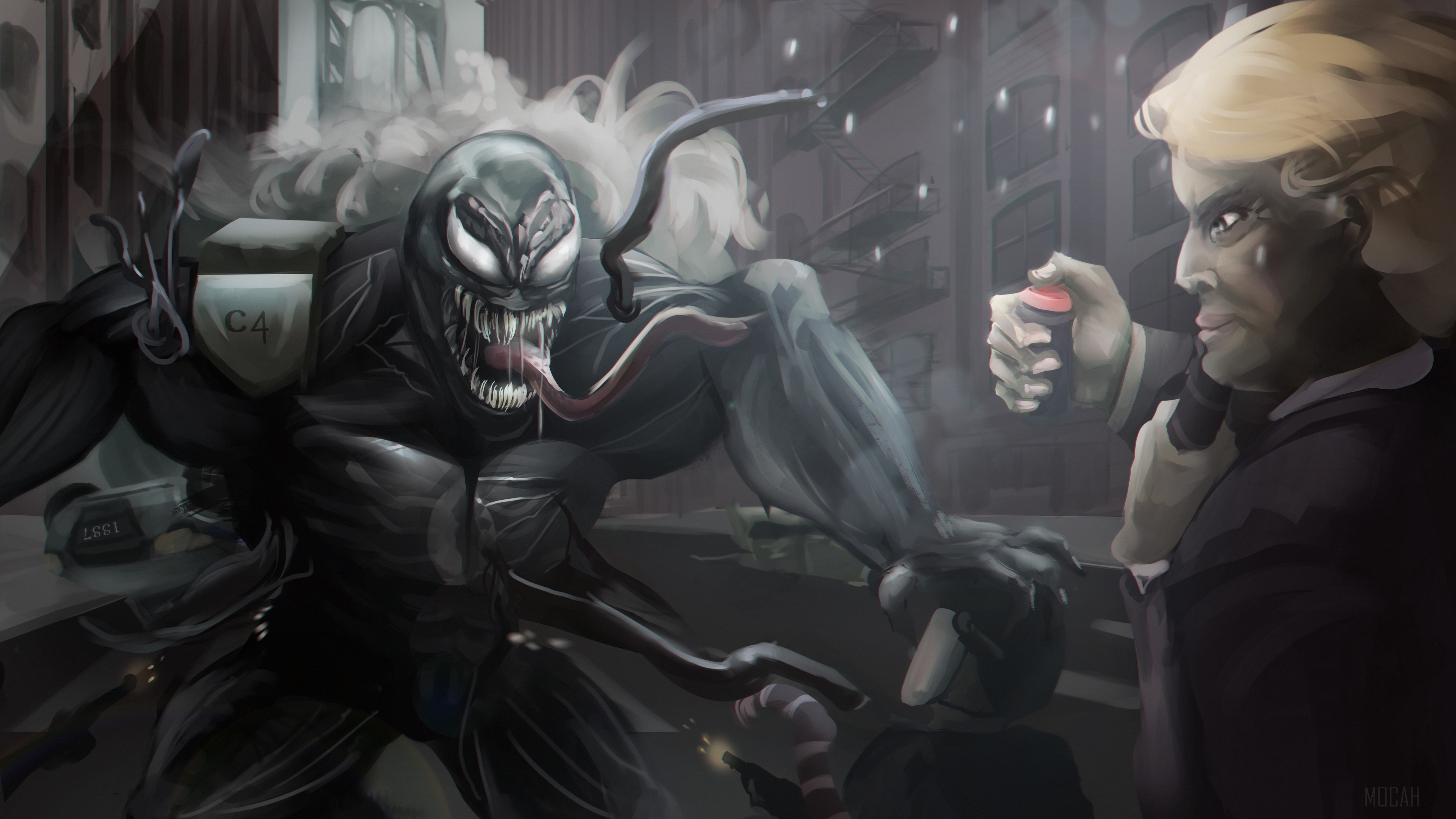 Venom with C4 and a man holding a detonator HD Wallpaper