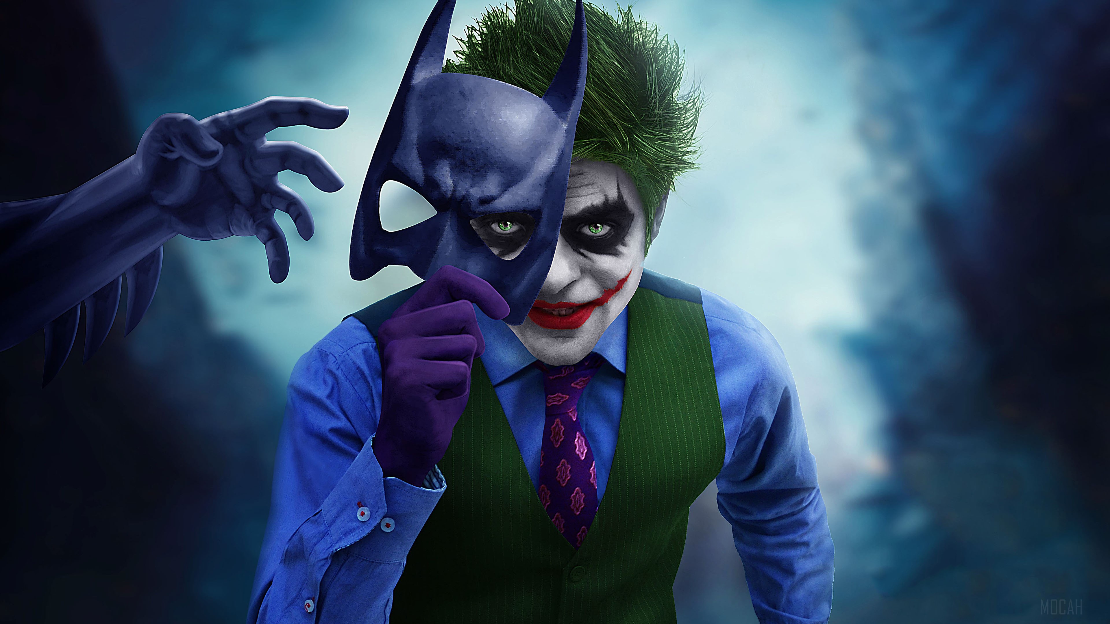 Joker holding Batman mask 4K HD Wallpaper