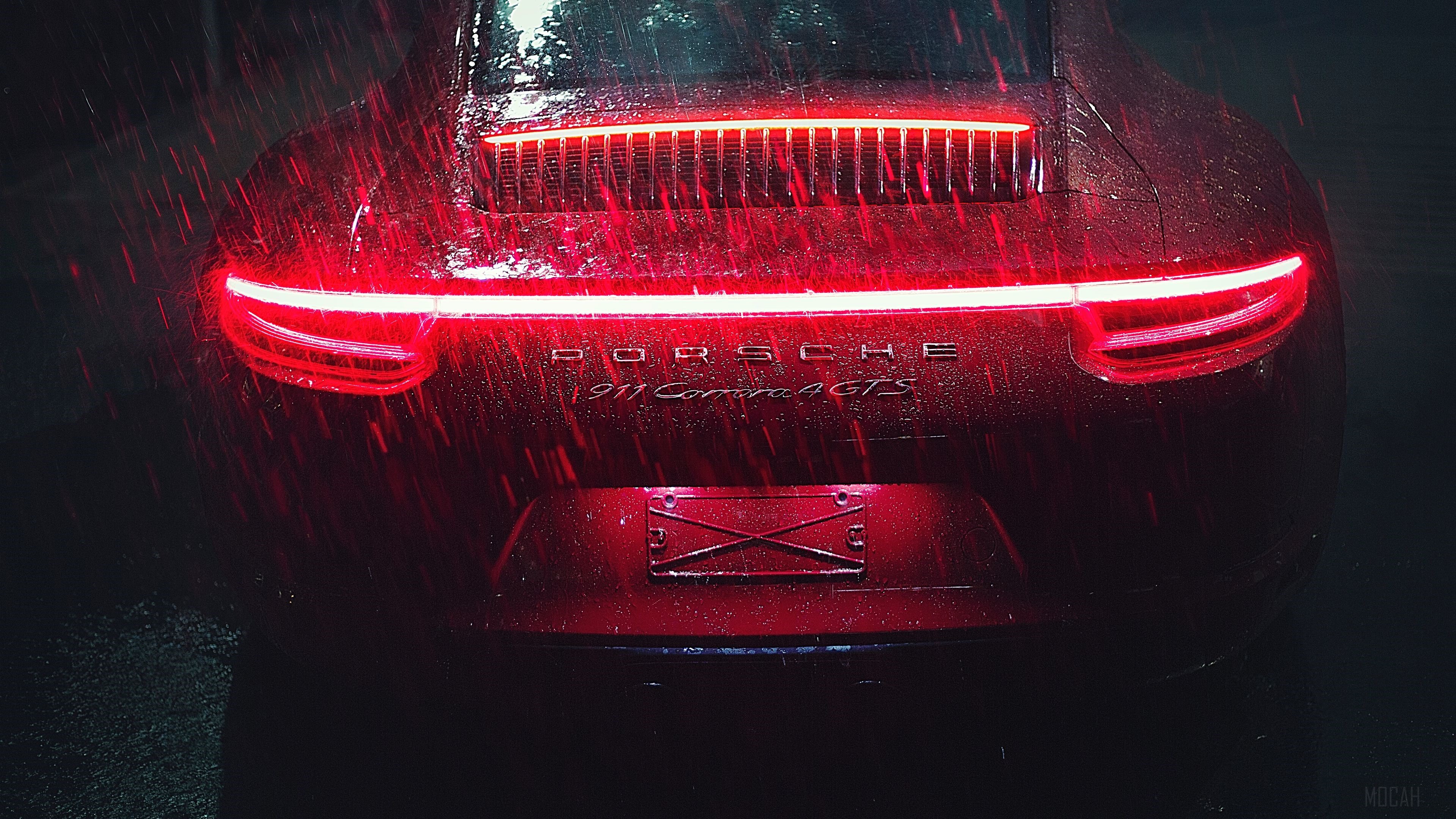 Red Porsche 911 Carrera GTS in the rain HD Wallpaper