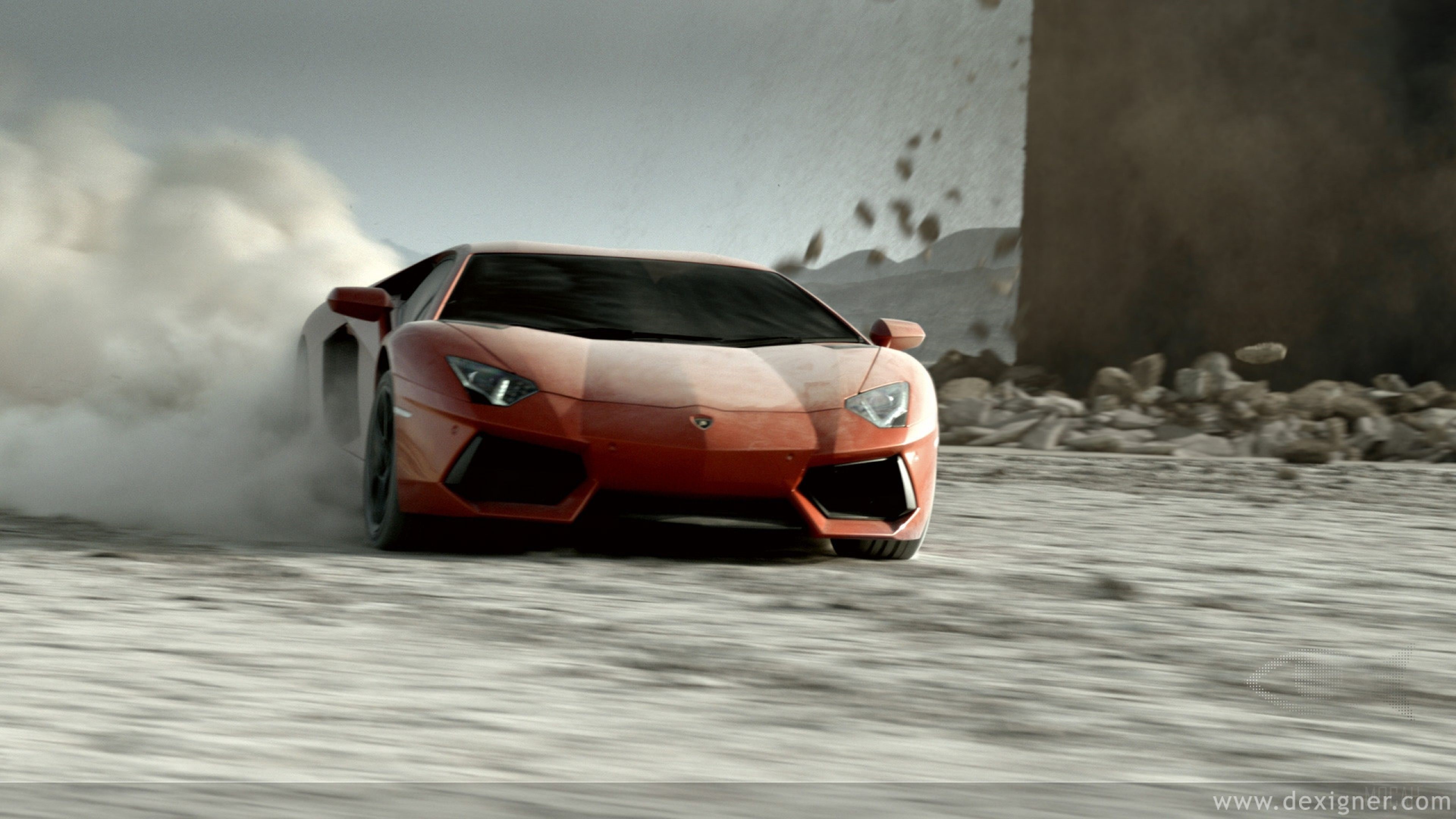 Orange Lamborghini Aventador drifting in dust HD Wallpaper