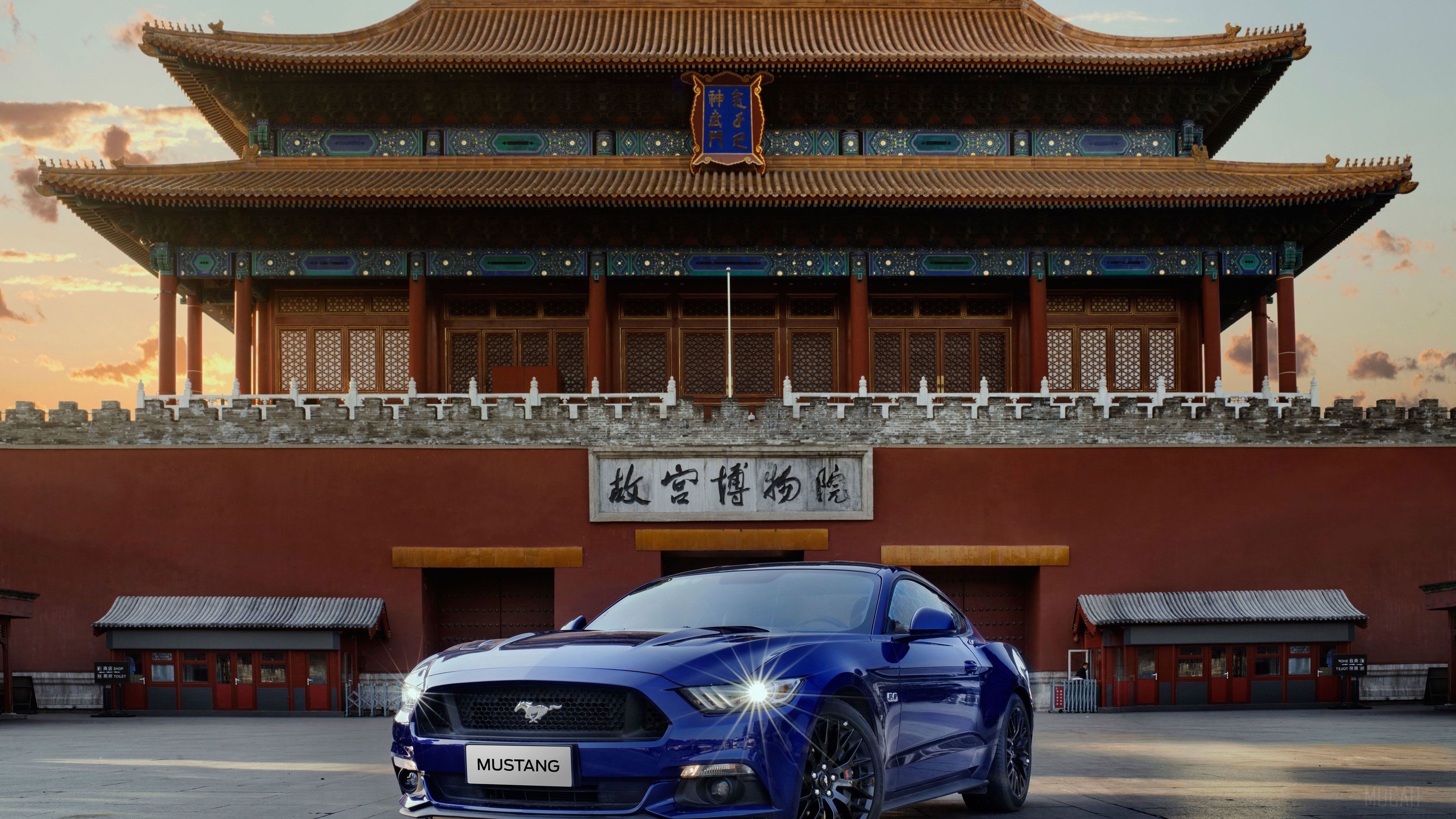 Blue Ford Mustang in front of Forbidden City, China 4K HD Wallpaper
