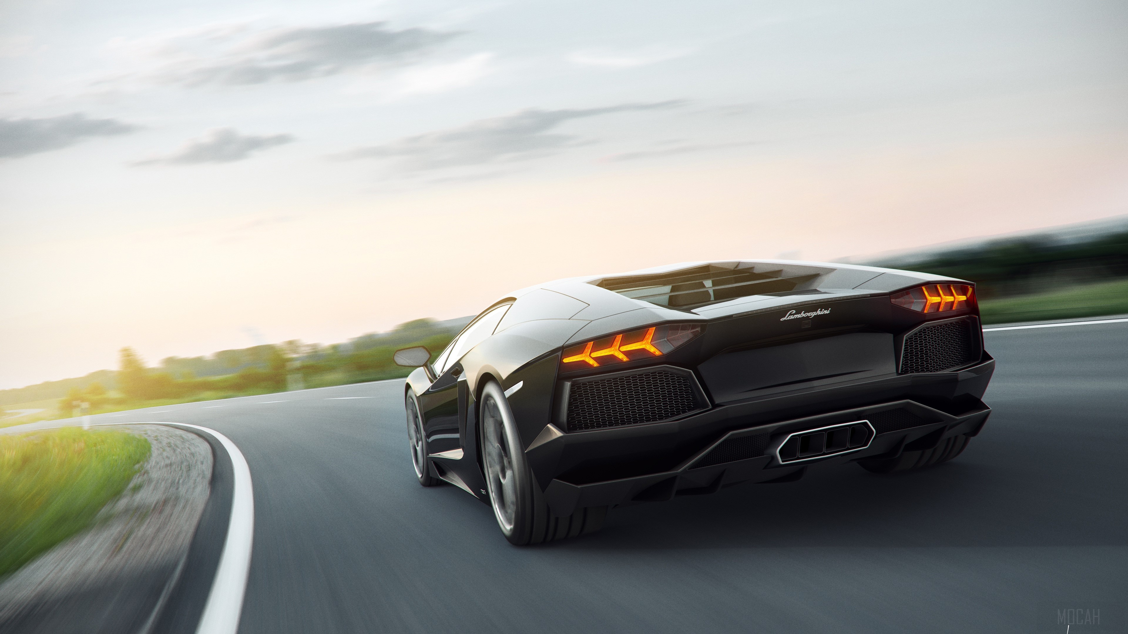 Black Lamborghini Aventador driving on a road HD Wallpaper