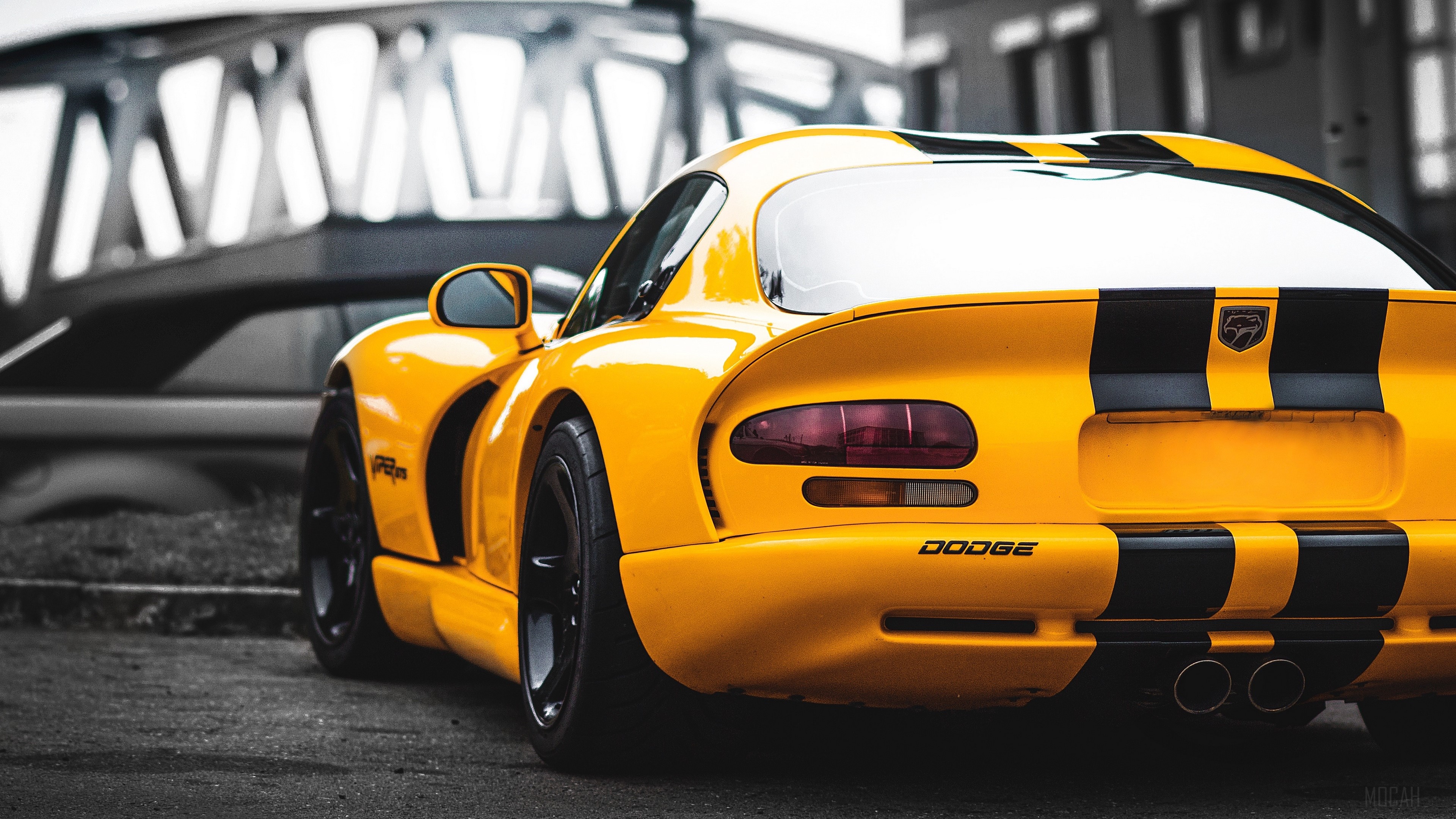 Yellow Dodge Viper with Black Stripes 4K HD Wallpaper