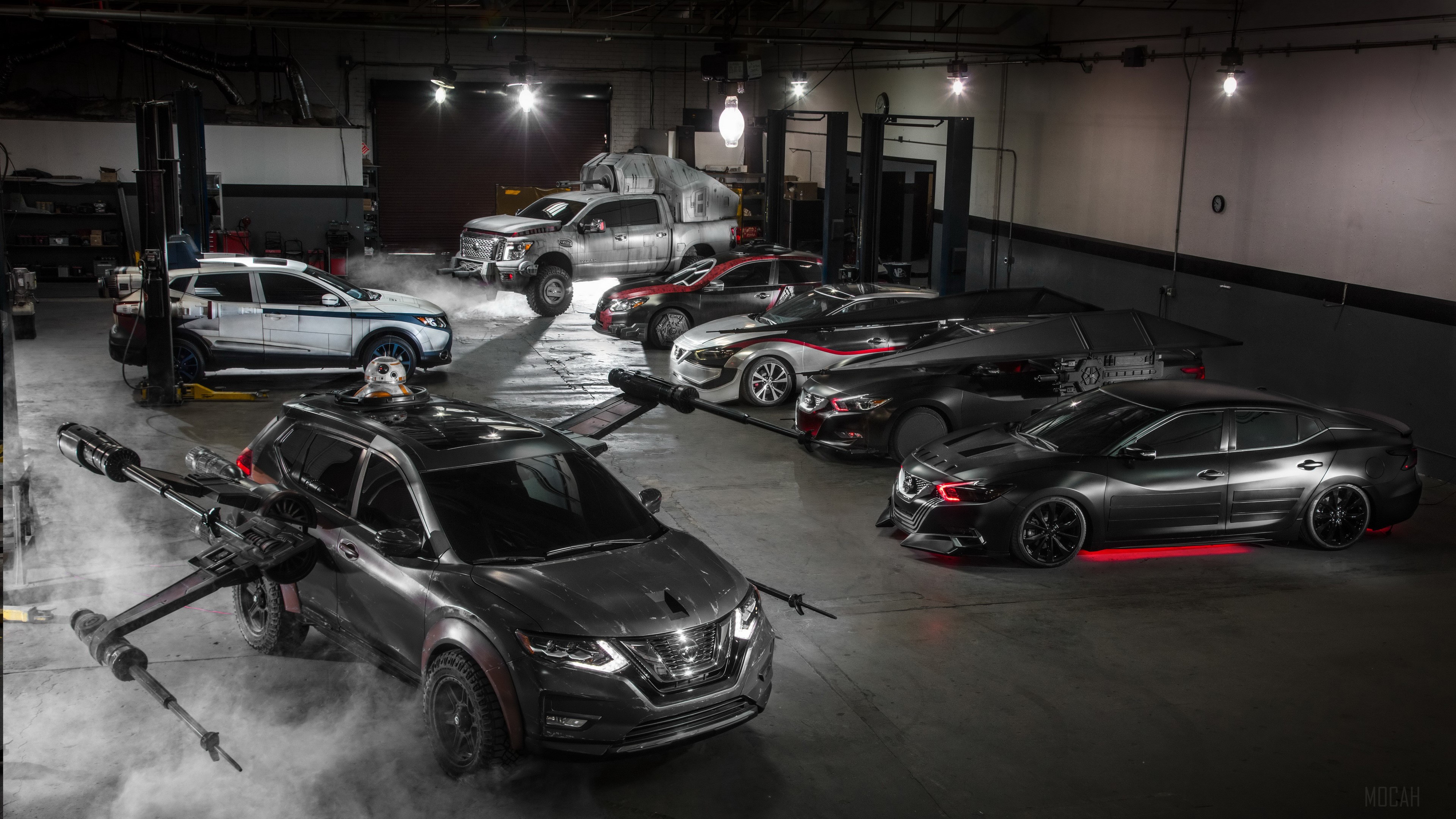 Star Wars themed Nissan cars in a garage 4K HD Wallpaper