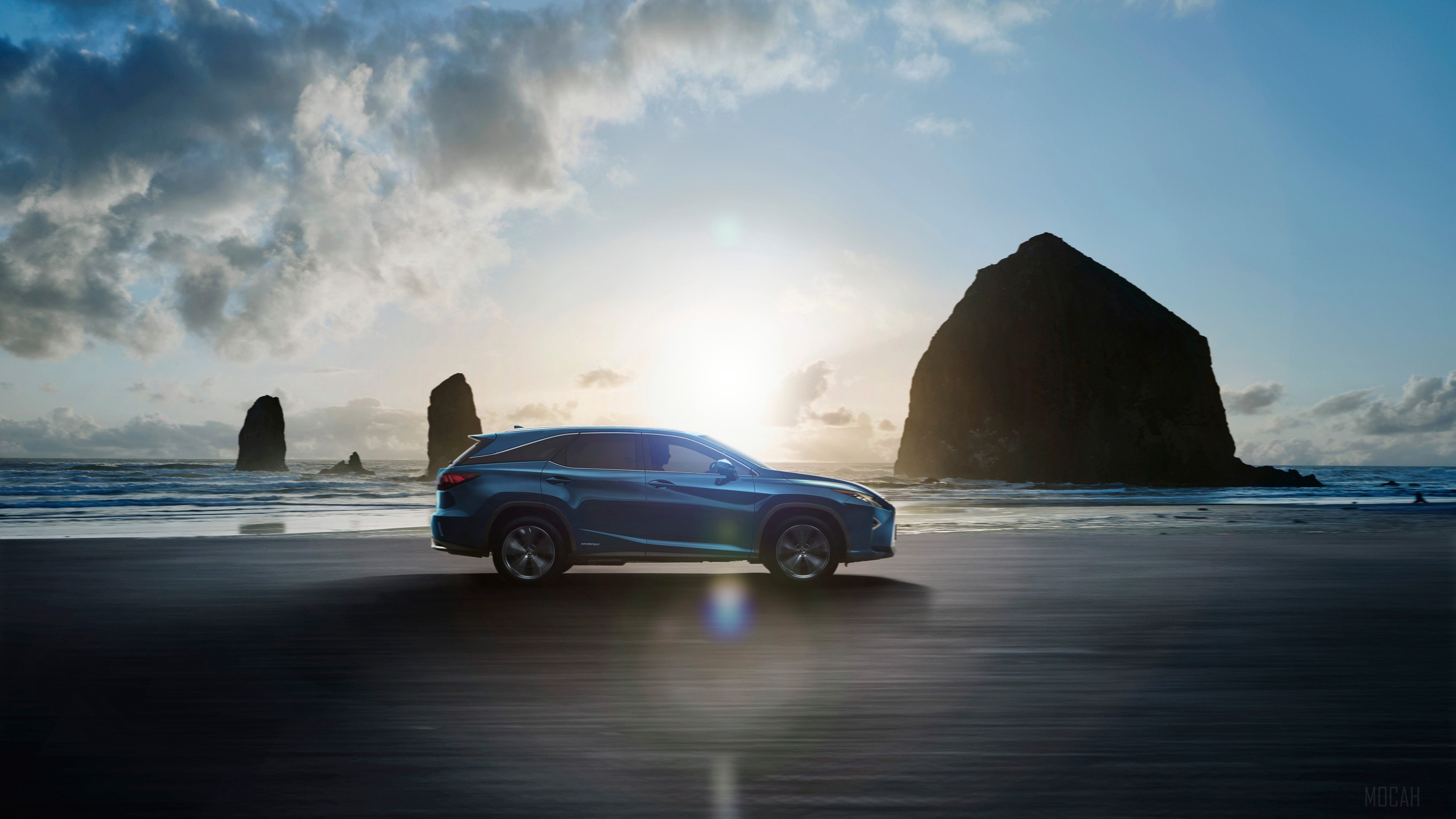 2018 Lexus RX 450hL on a beach with rock formations HD Wallpaper