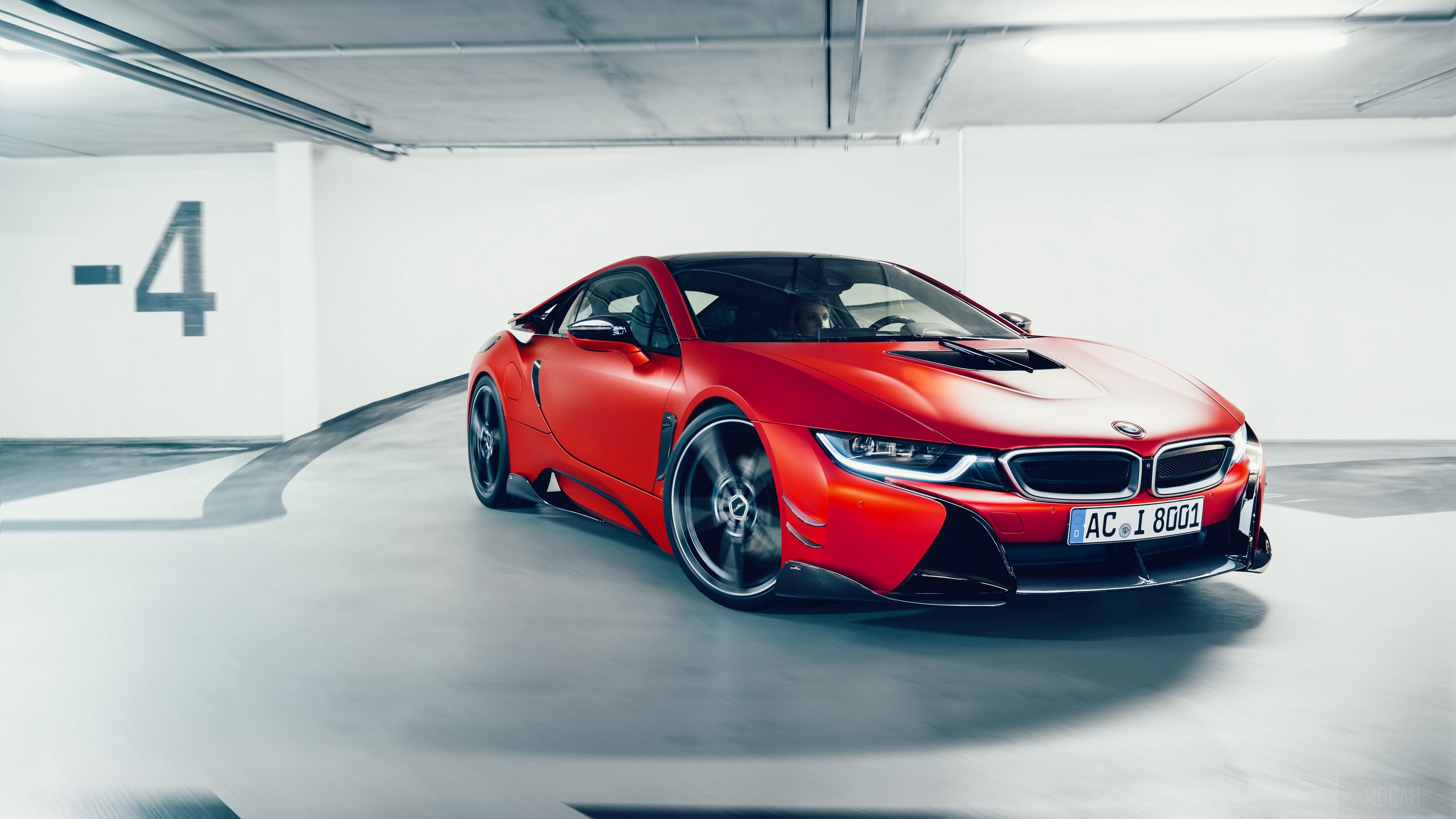 Red BMW i8 AC Schnitzer ACS8 in parking garage HD Wallpaper