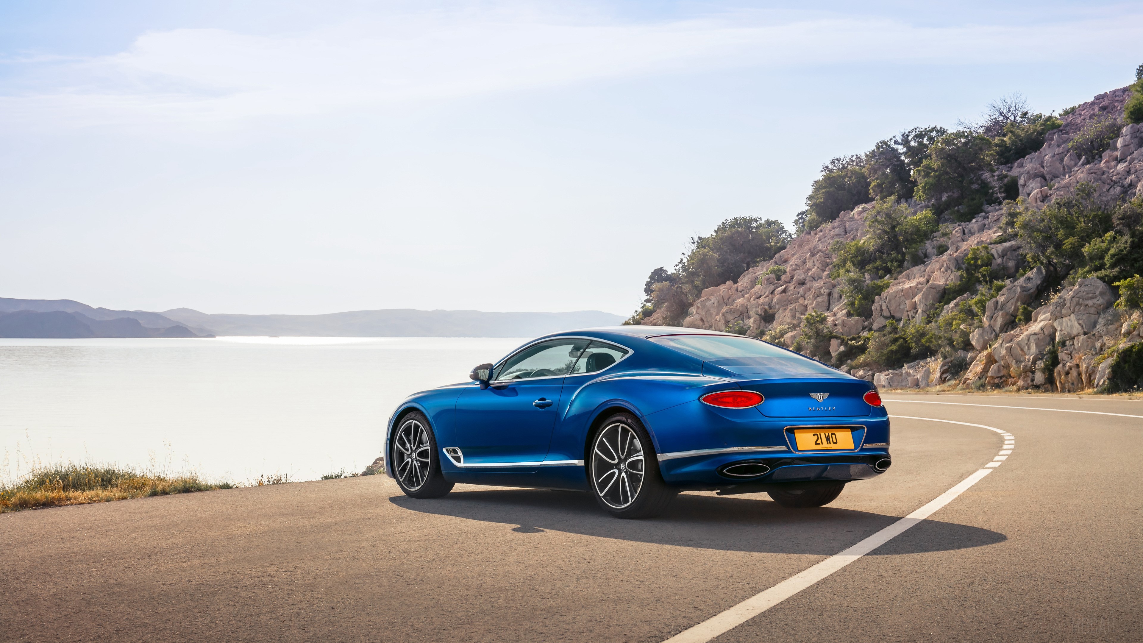 Blue Bentley Continental GT 2017 on Coastal Road 4K HD Wallpaper