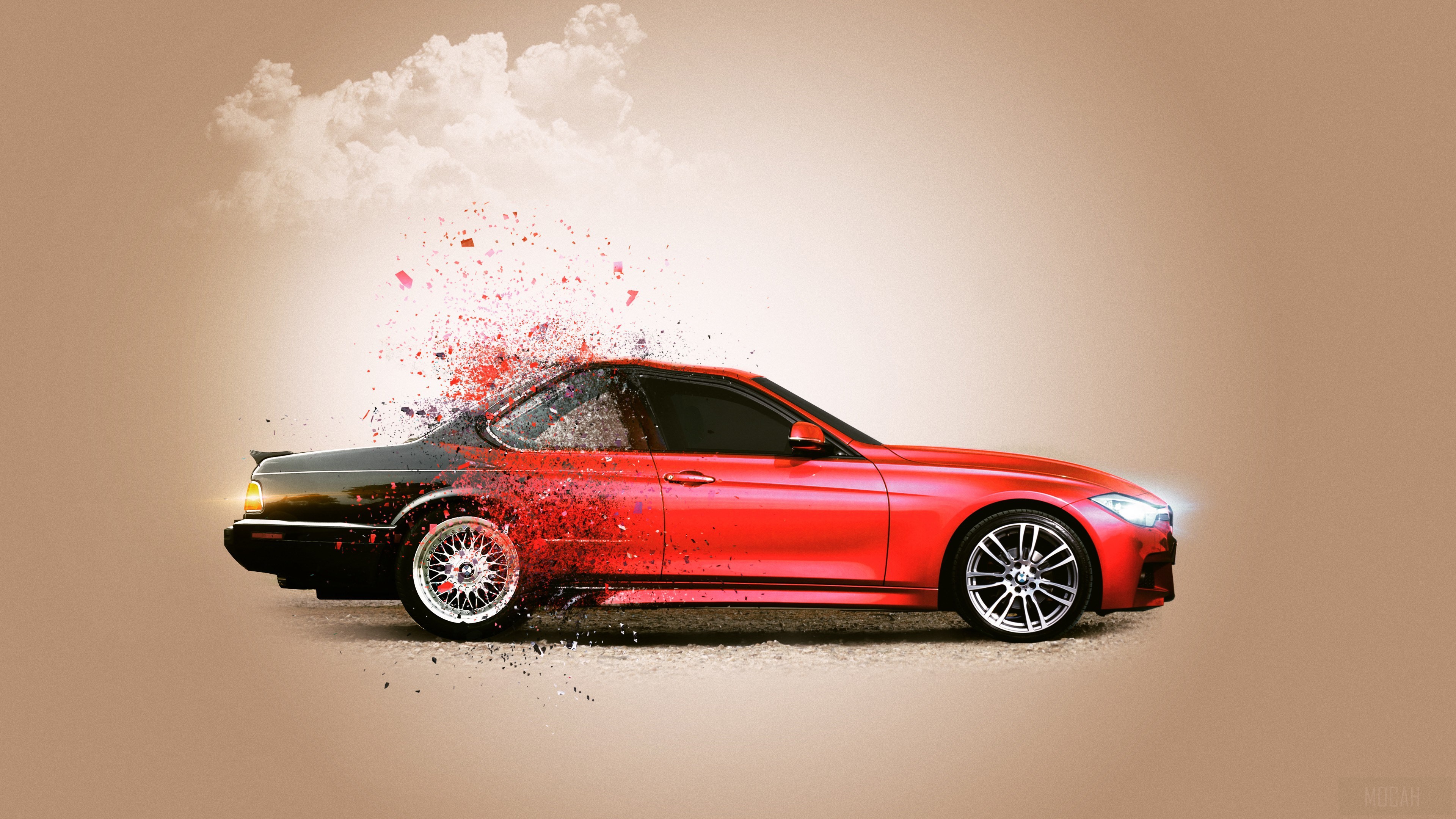 Red BMW car exploding into pieces HD Wallpaper