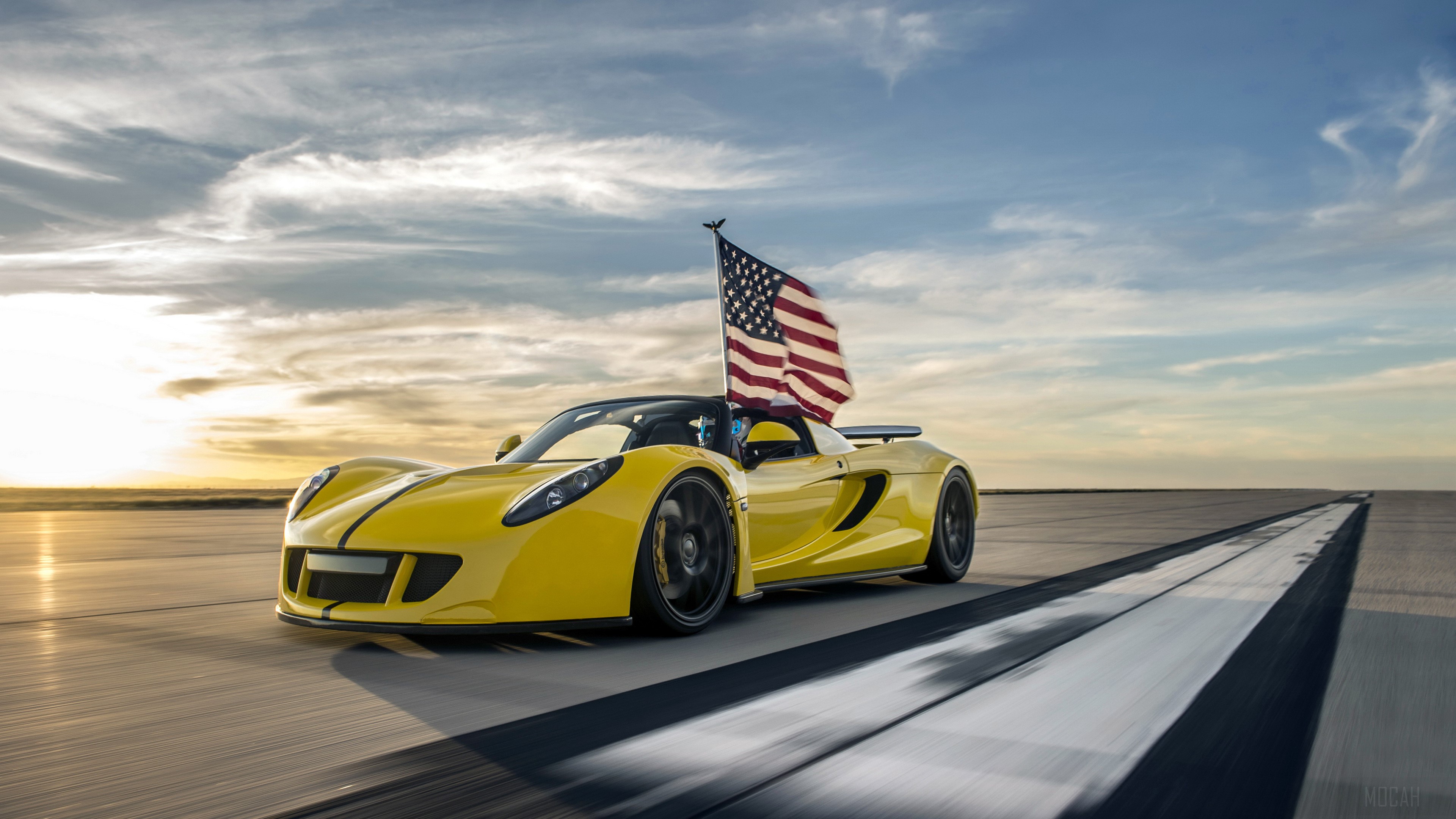 Yellow Hennessey Venom GT Spyder with American Flag HD Wallpaper