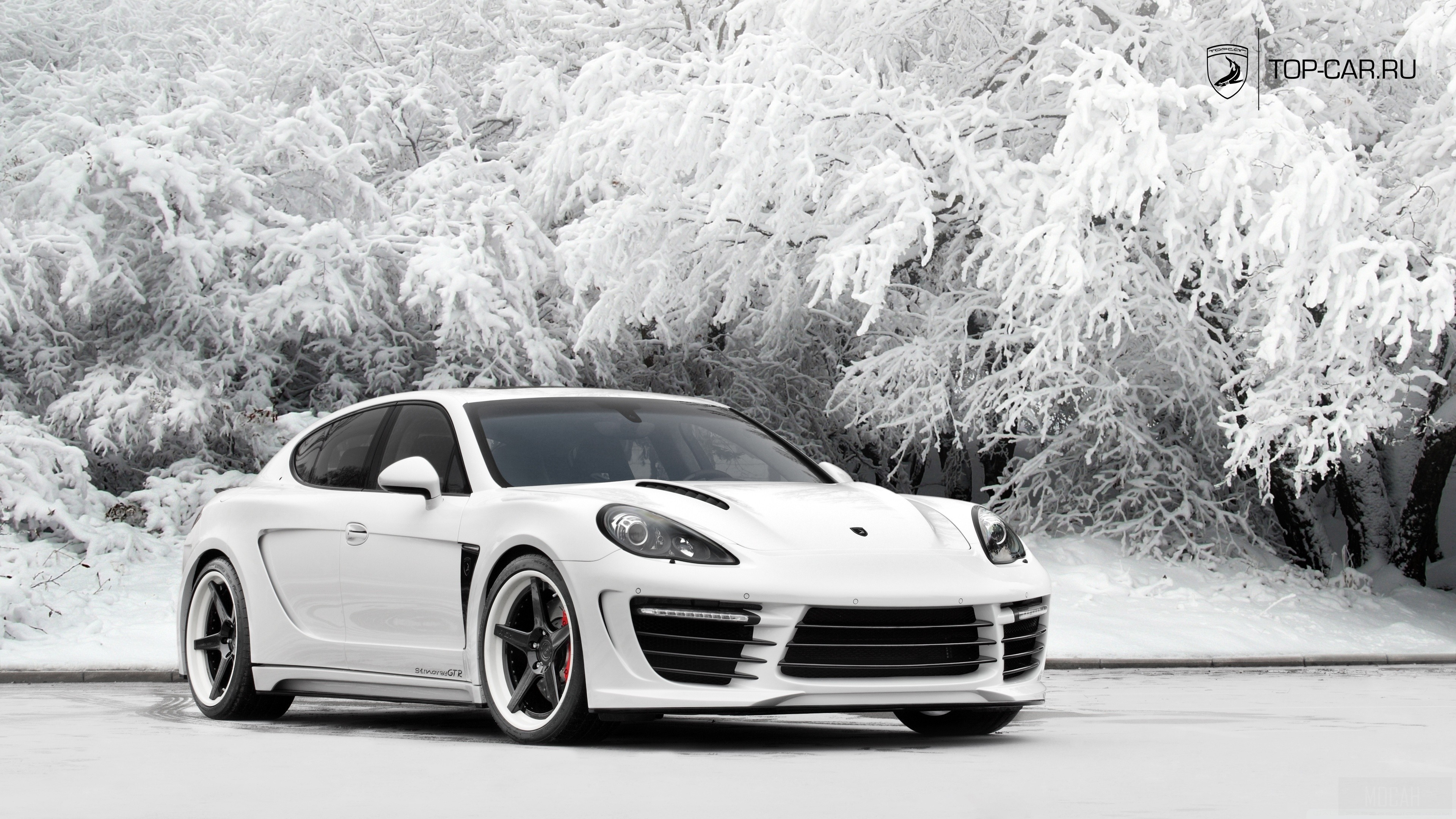 White Porsche Panamera GTS in snow HD Wallpaper