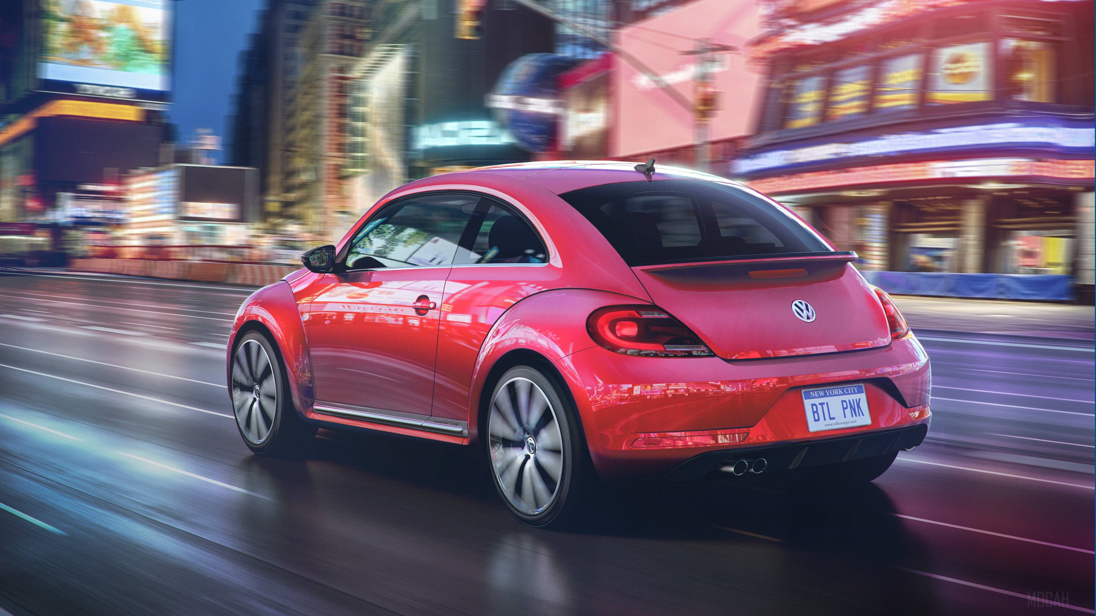 Red 2017 Volkswagen Beetle driving in city at night HD Wallpaper