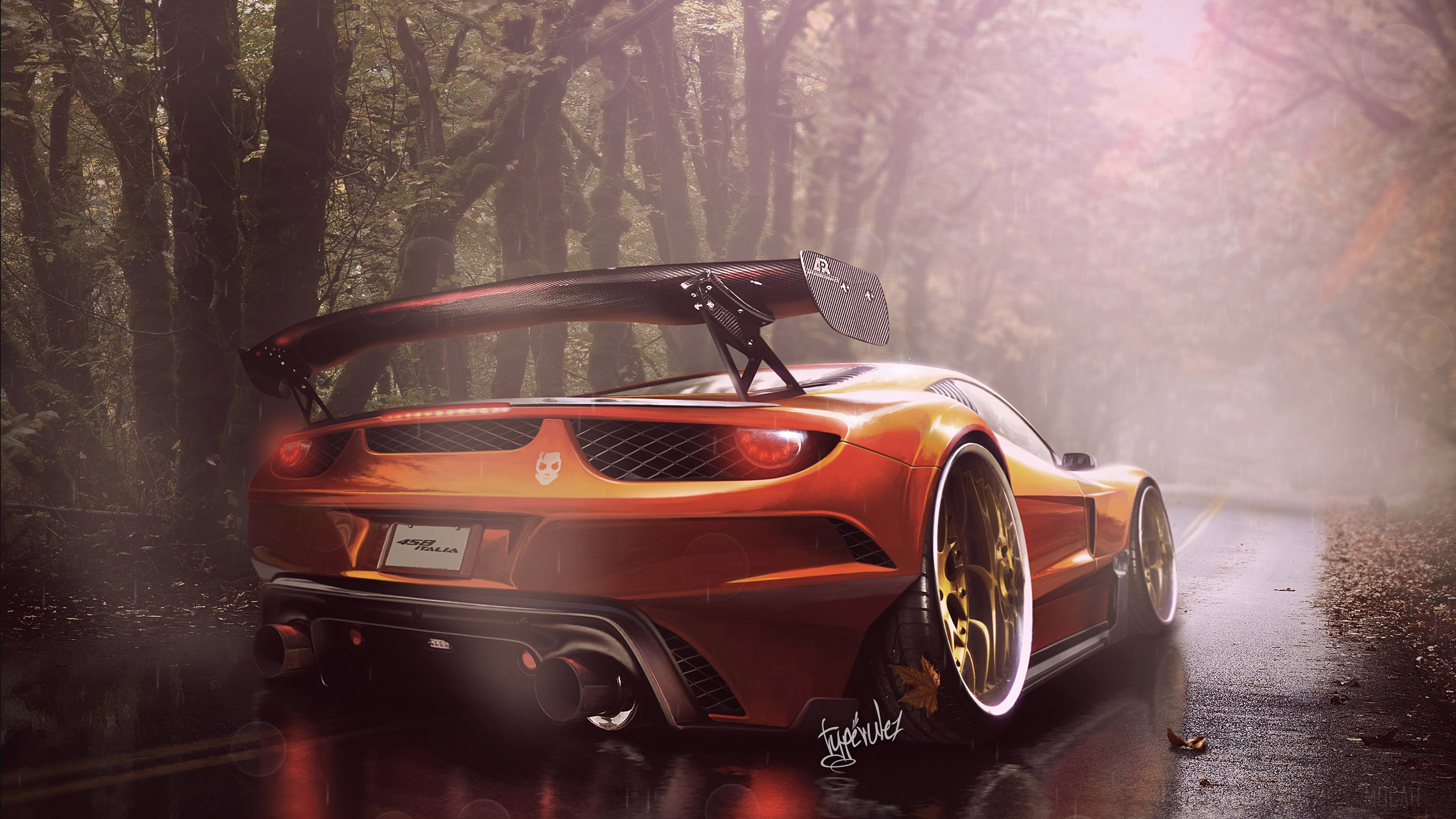 Orange Ferrari 458 Italia with Spoiler 4K HD Wallpaper