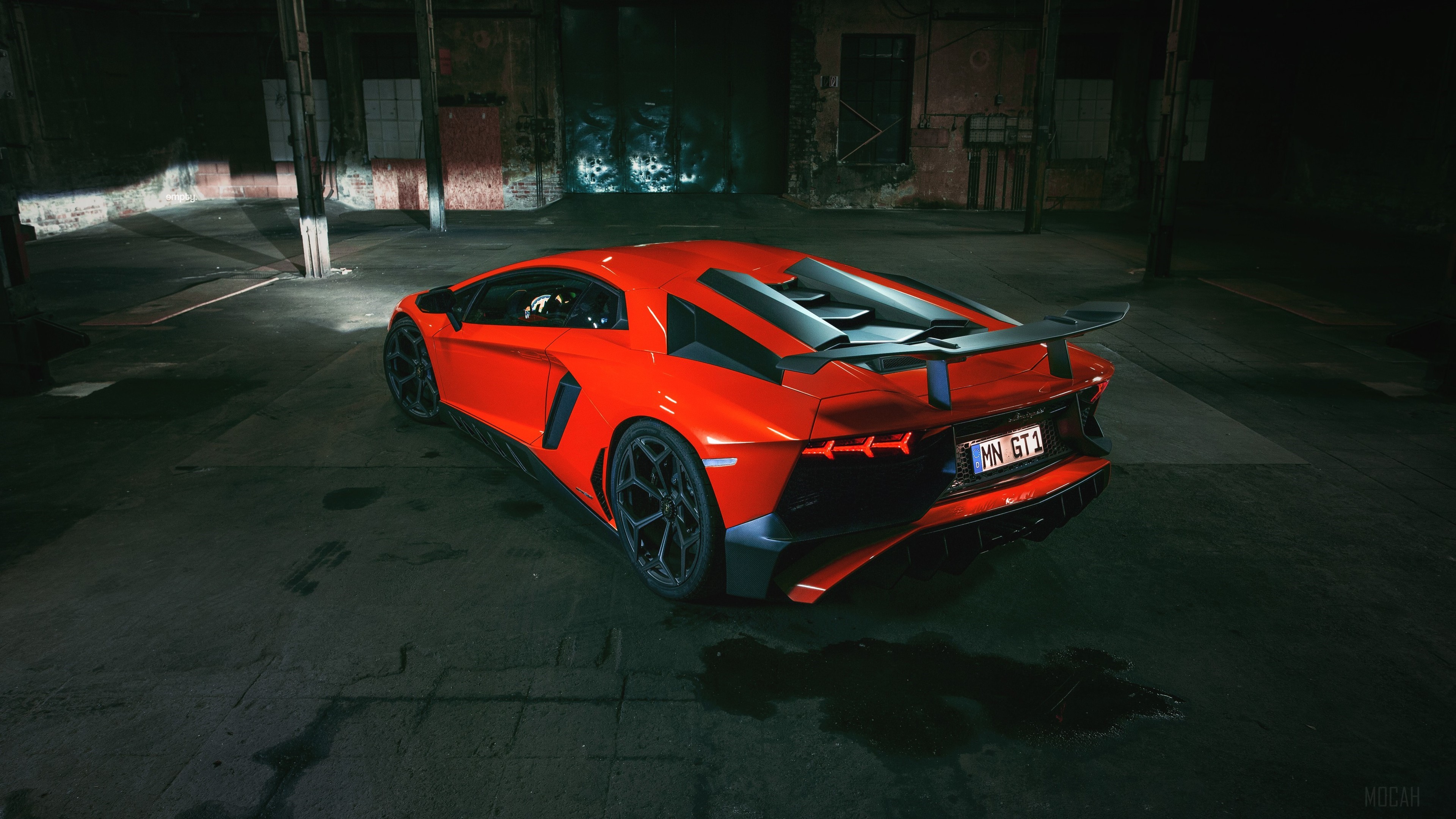 Red Lamborghini Aventador GT1 in warehouse 4K HD Wallpaper